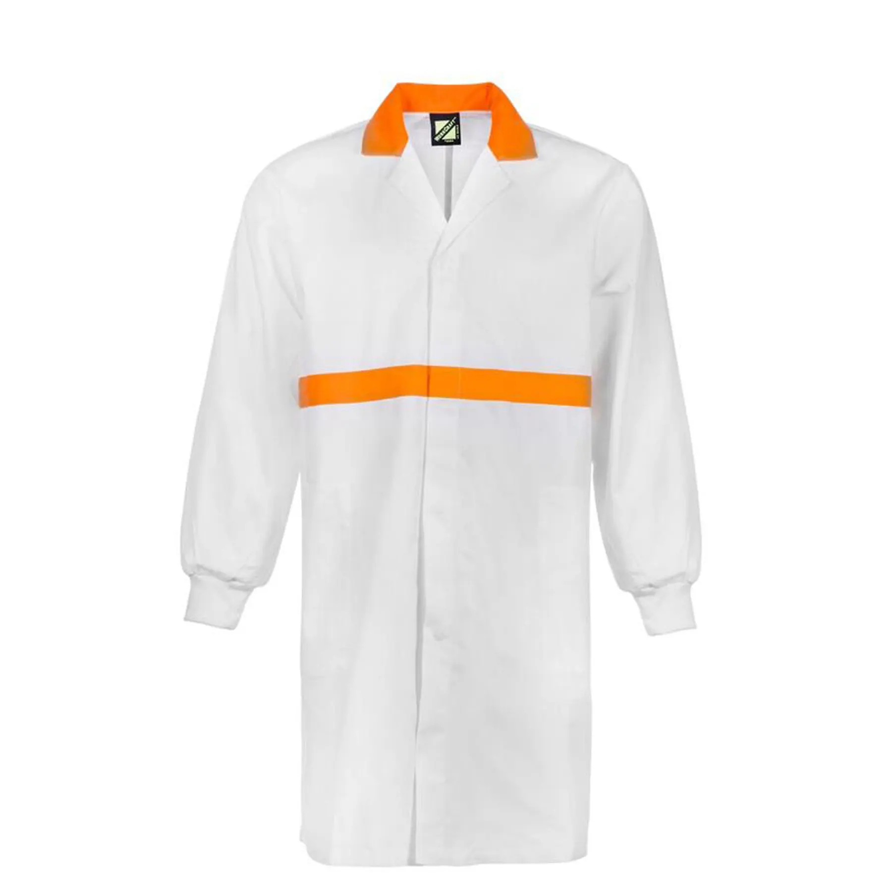 Long Sleeve Food Industry Dustcoat With Contrast Collar, Chestband and Internal Pockets Front