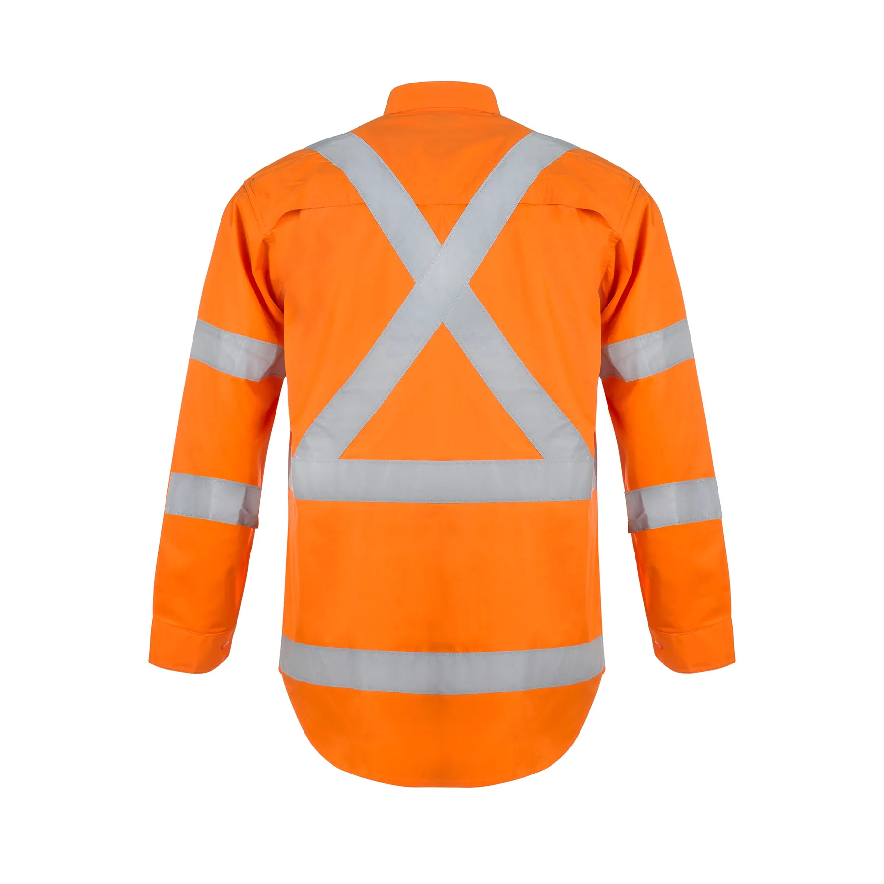 Hi Vis Long Sleeve Cotton Drill Reflective Shirt With X Pattern Orange Front
