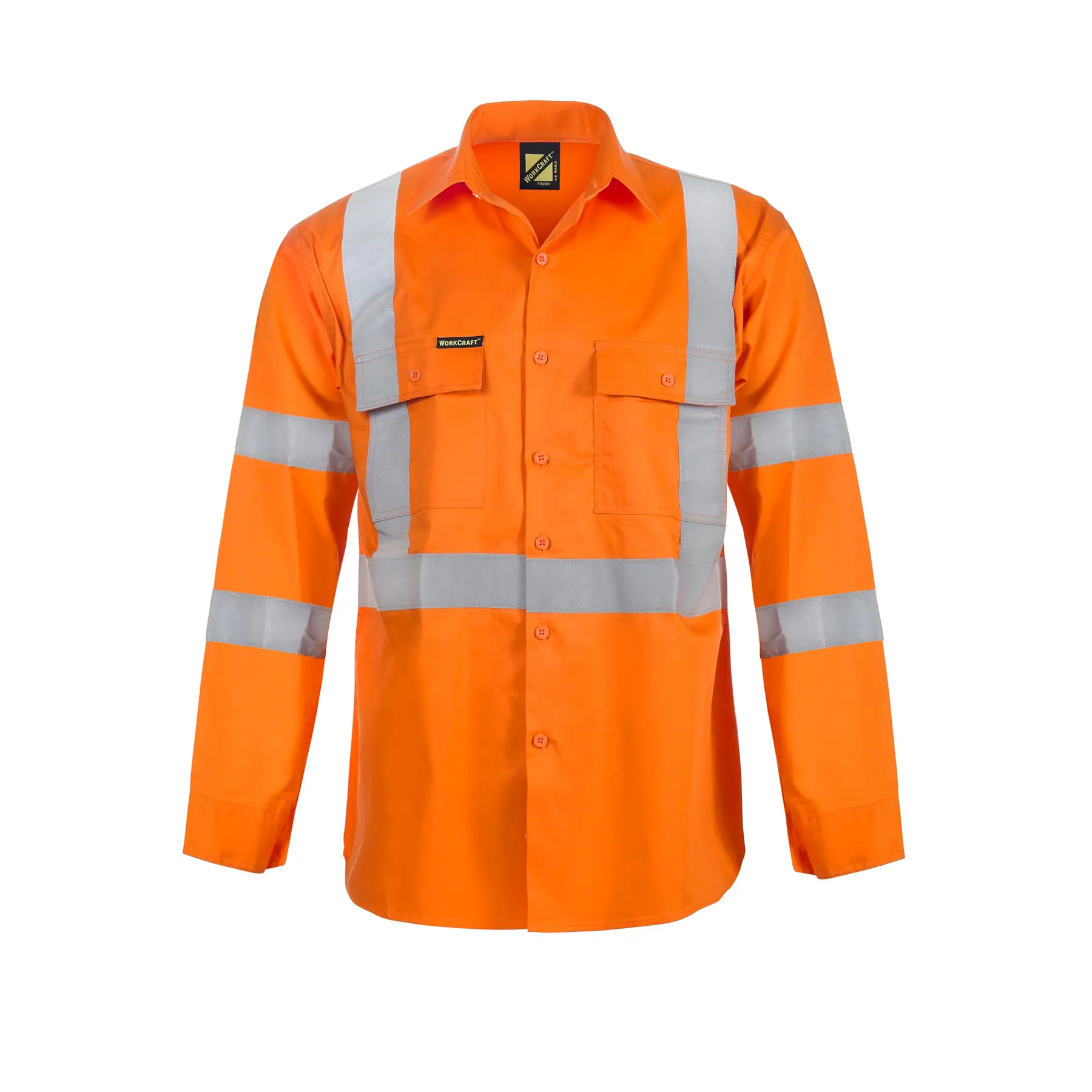 Hi Vis Long Sleeve Cotton Drill Reflective Shirt With X Pattern Orange Front