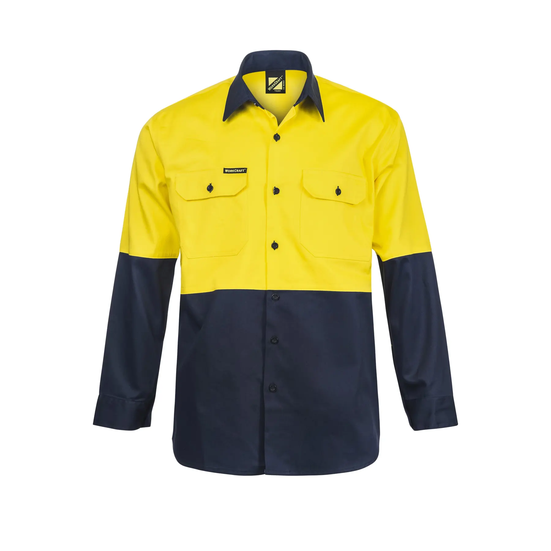 Hi Vis Long Sleeve Cotton Drill Shirt Navy Yellow Front