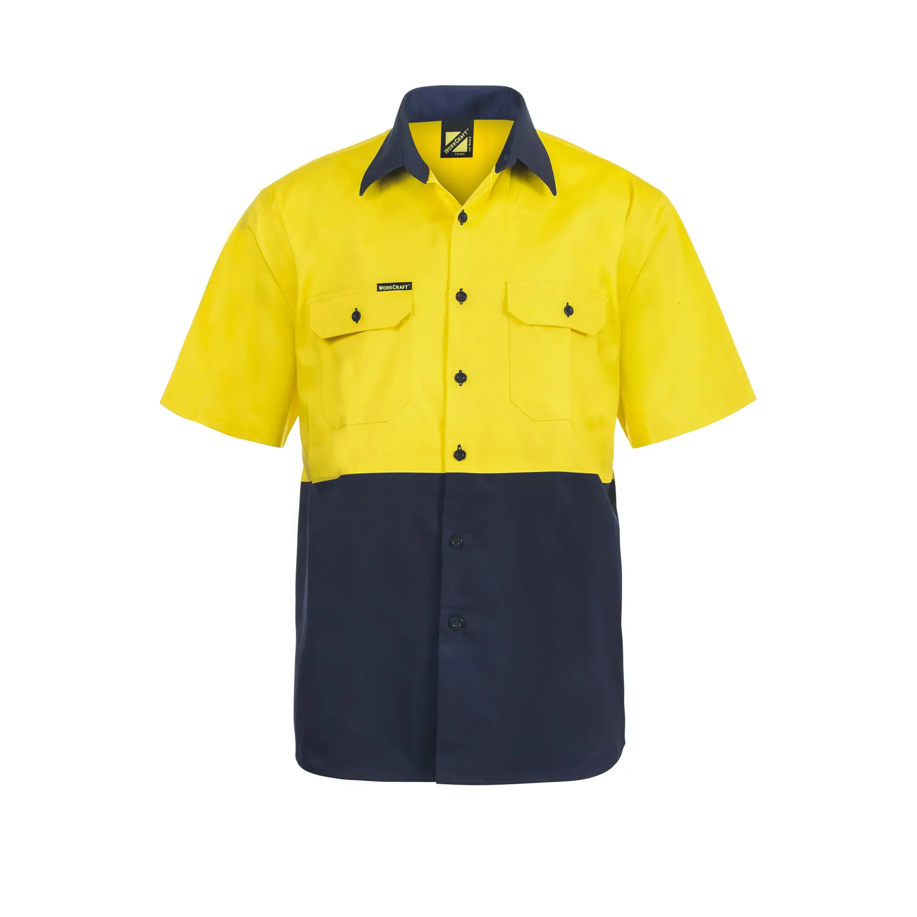 Hi Vis Short Sleeve Cotton Drill Shirt Navy Yellow Front
