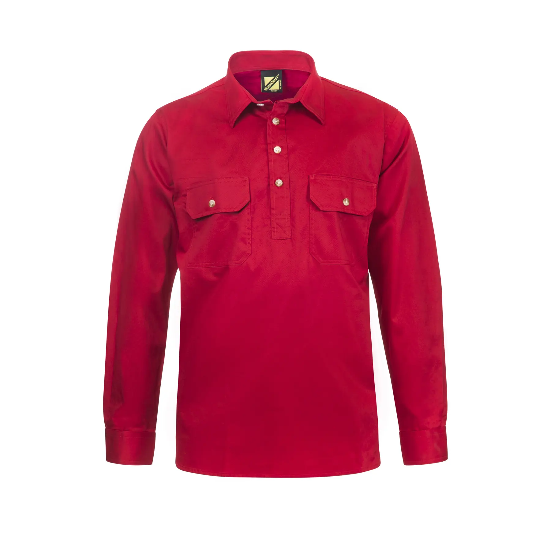 Lightweight Long Sleeve Closed Front Cotton Drill Shirt Crimson Red Front