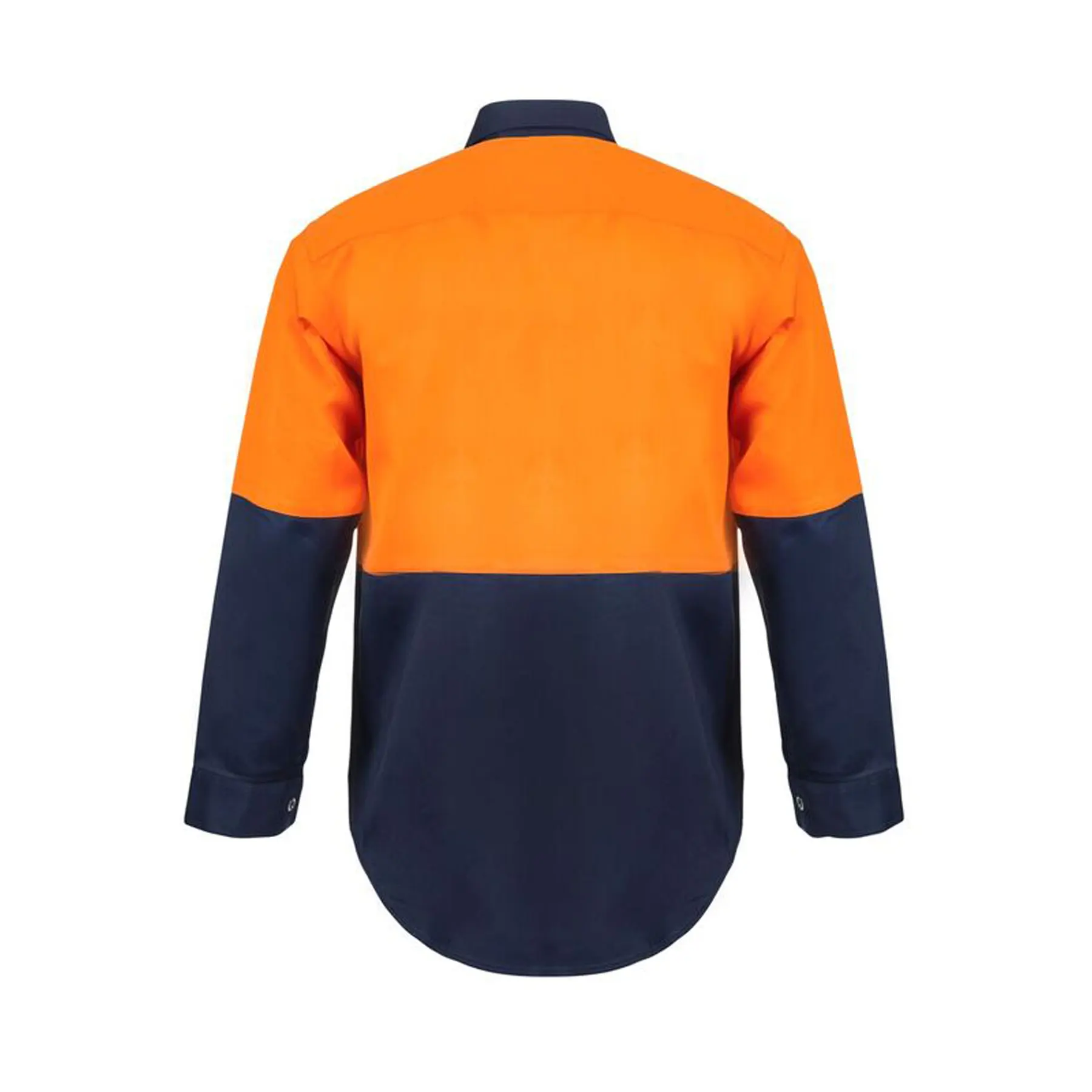 Hi Vis Long Sleeve Cotton Drill Industrial Laundry Shirt With Press Studs Navy Orange Front