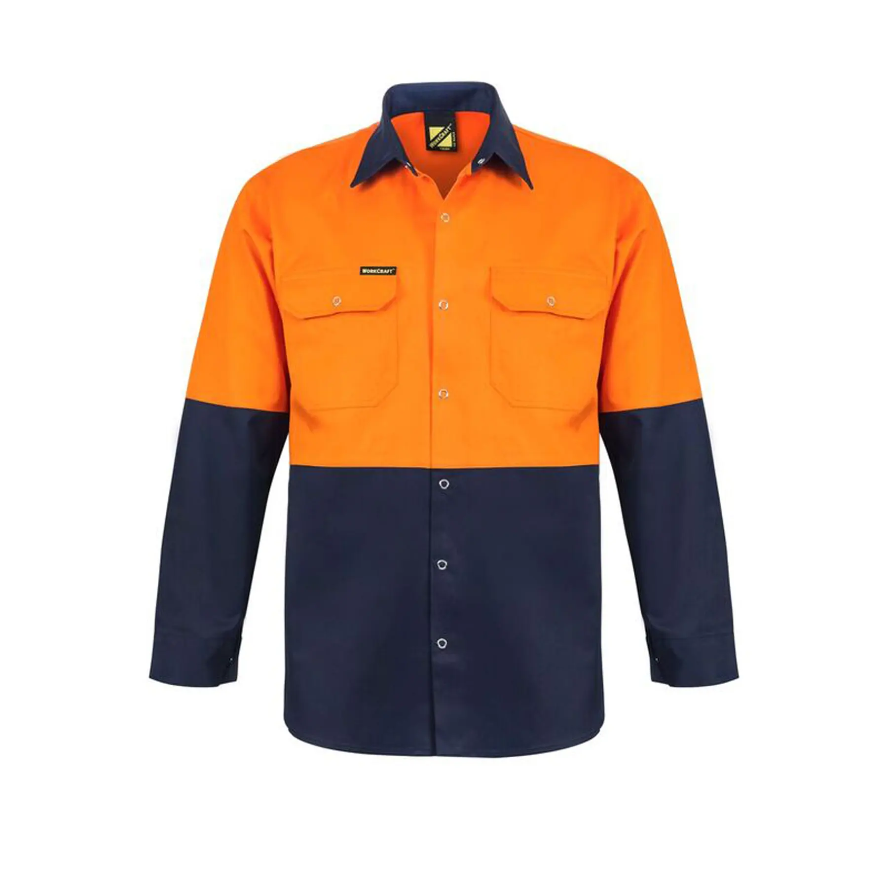 Hi Vis Long Sleeve Cotton Drill Industrial Laundry Shirt With Press Studs Navy Orange Front
