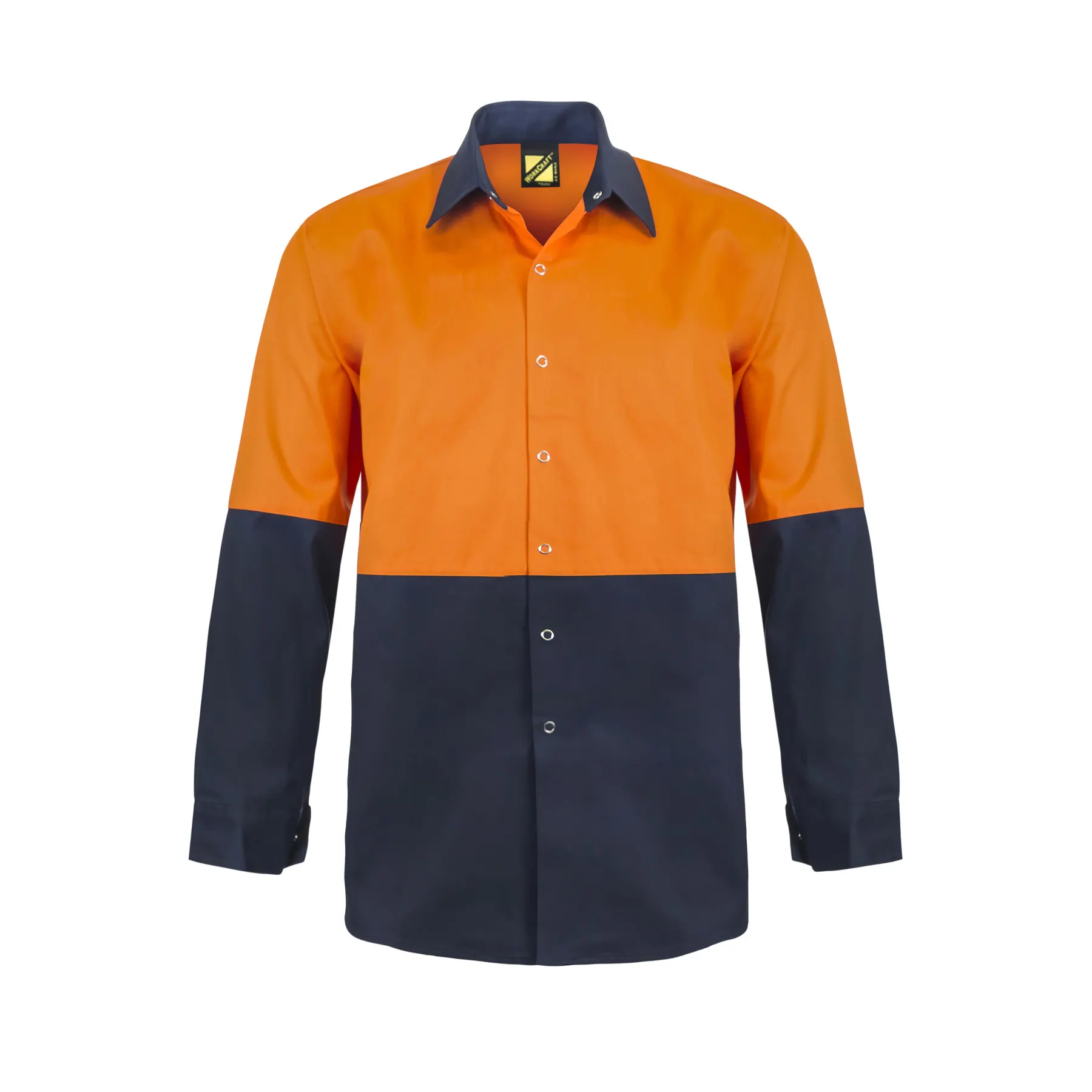 Hi Vis Long Sleeve Cotton Drill Shirt With Press Studs and Spare Sockets Navy Orange Front