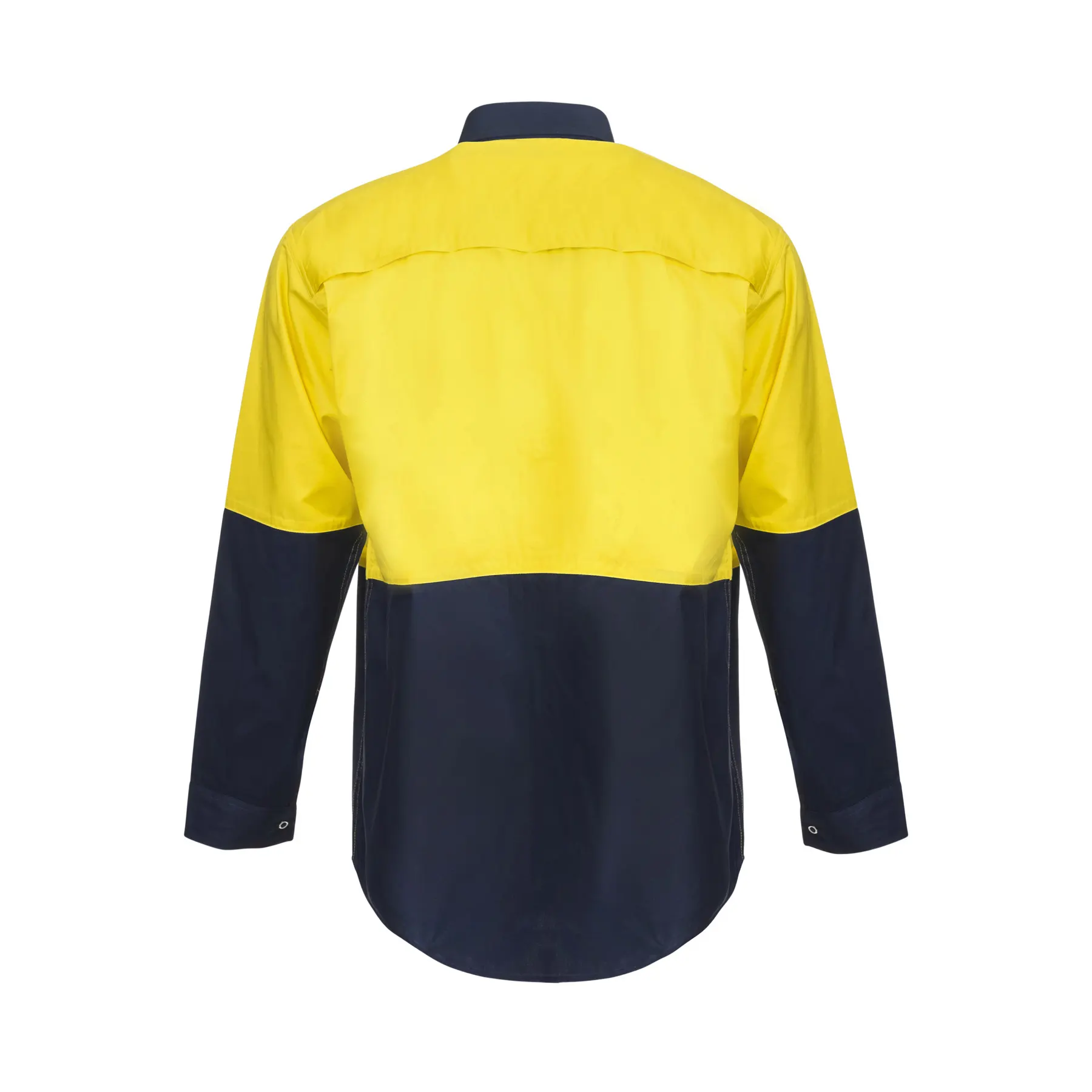 Lightweight Hi Vis Long Sleeve Vented Cotton Drill Food Industry Shirt With Press Studs And Spare Pockets Navy Yellow Front