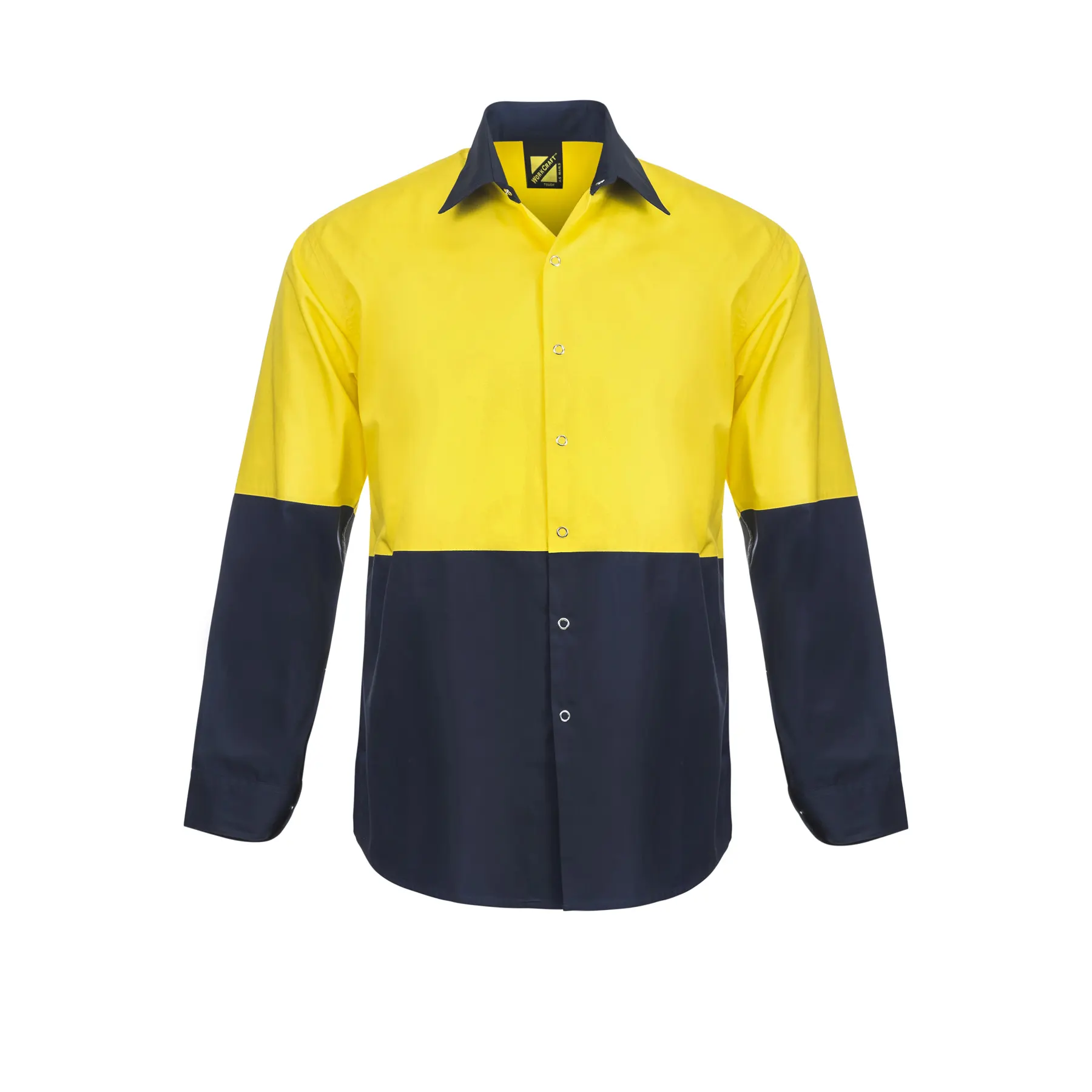 Lightweight Hi Vis Long Sleeve Vented Cotton Drill Food Industry Shirt With Press Studs And Spare Pockets Navy Yellow Front