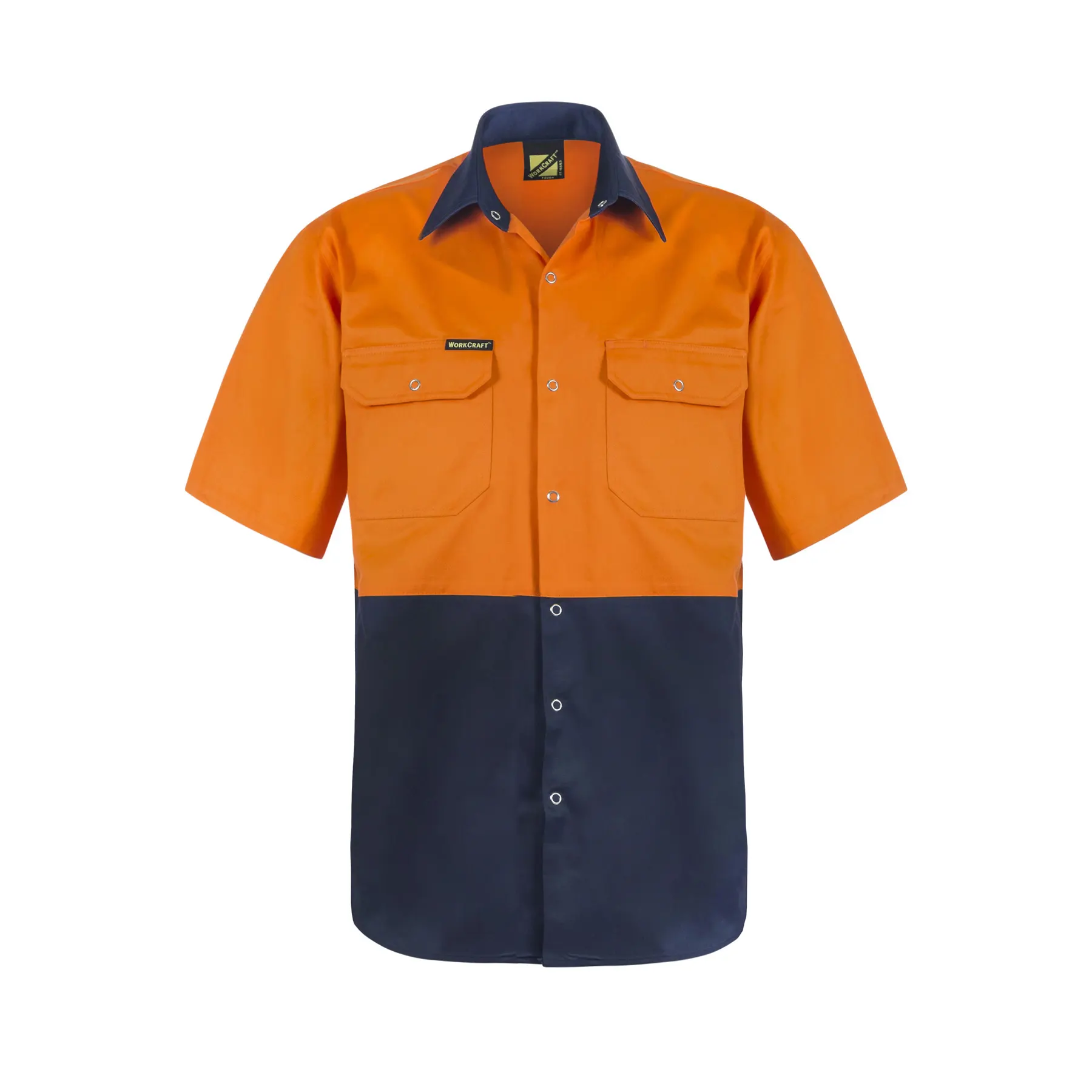 Hi Vis Short Sleeve Cotton Drill Shirt With Press Studs Navy Orange Front