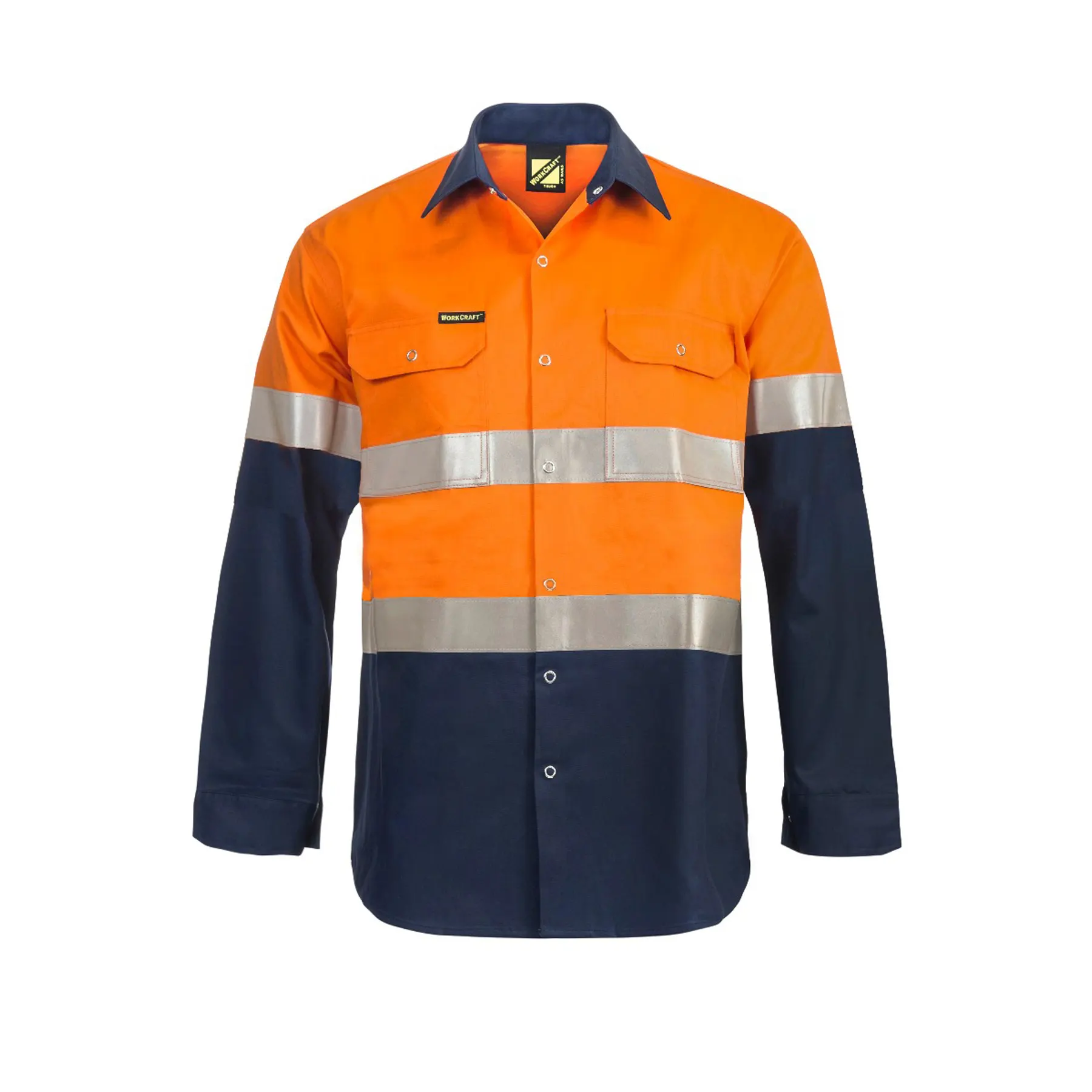Hi Vis Long Sleeve Cotton Drill Industrial Laundry Reflective Shirt With Press Studs Navy Orange Front
