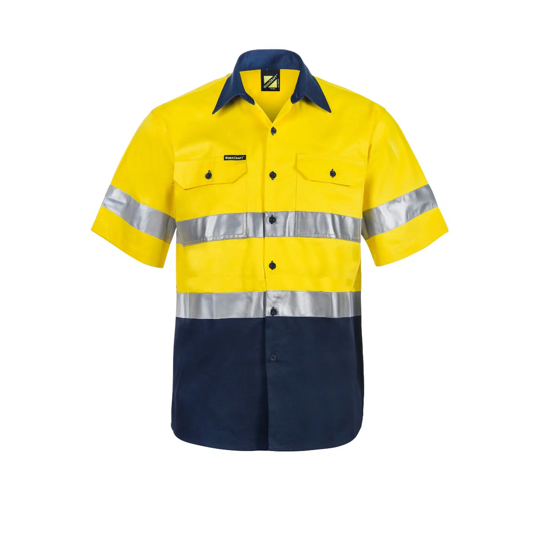 Hi Vis Short Sleeve Cotton Drill Reflective Shirt Navy Yellow Front