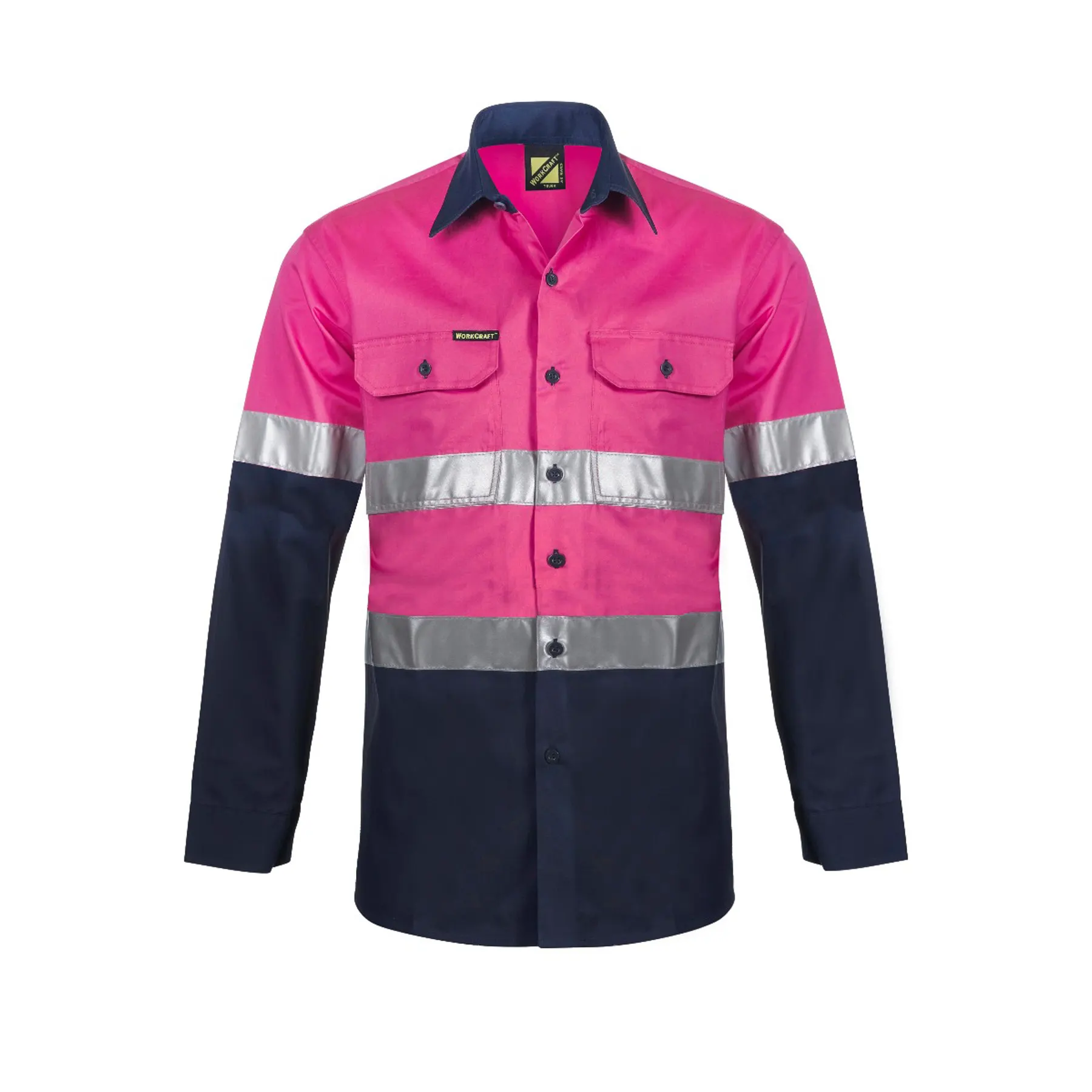 Lightweight Long Sleeve Vented Cotton Drill Reflective Shirt - Night Use Only Navy Pink Front