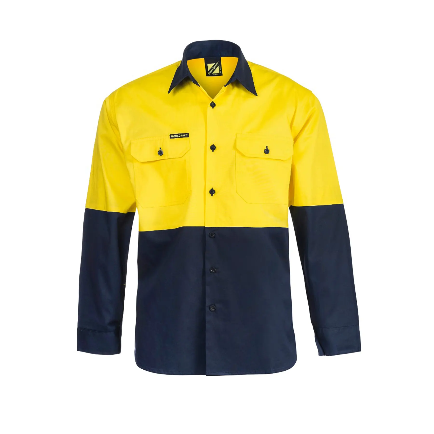 Lightweight Hi Vis Long Sleeve Vented Cotton Drill Shirt Navy Yellow Front