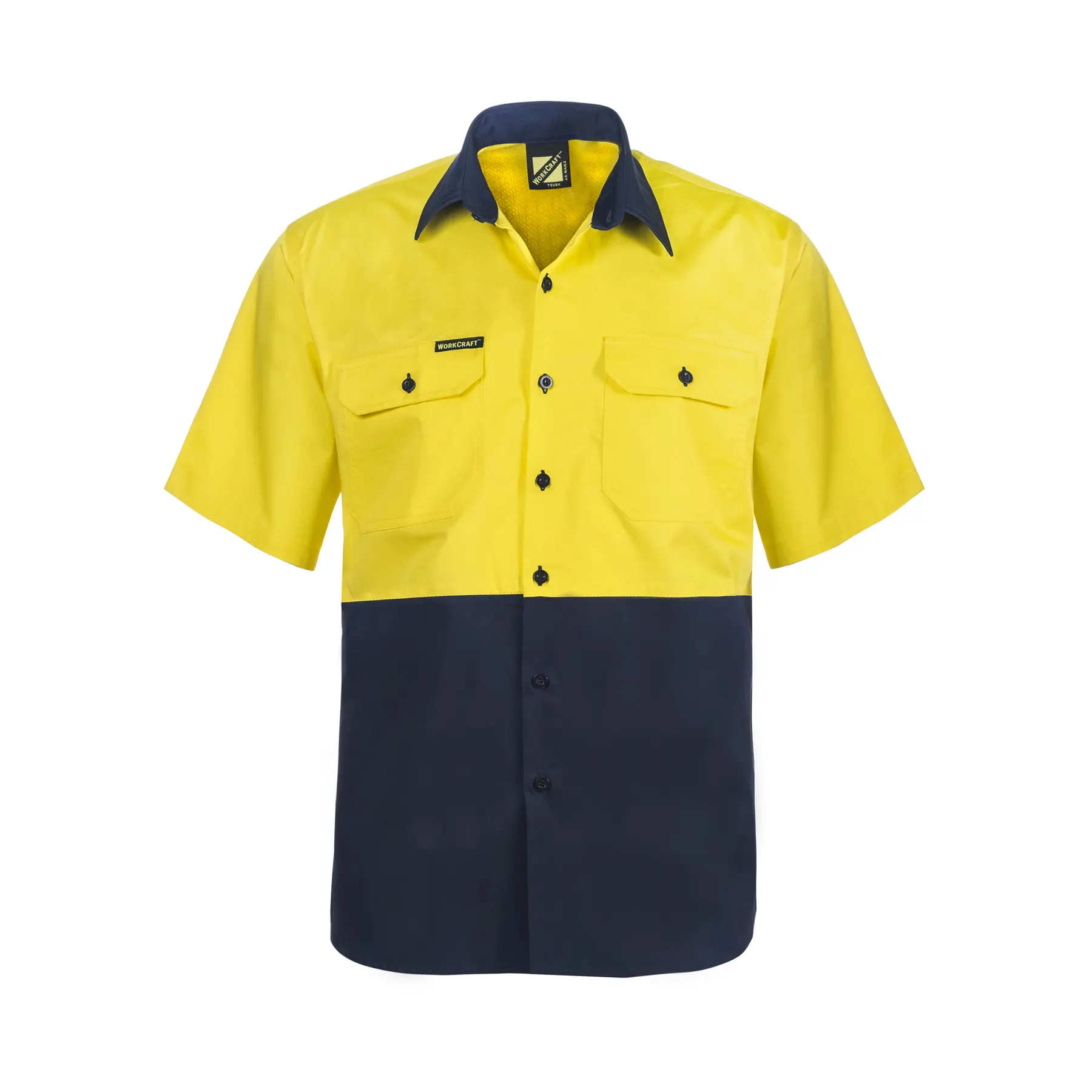 Lightweight Hi Vis Short Sleeve Vented Cotton Drill Shirt Navy Yellow Front