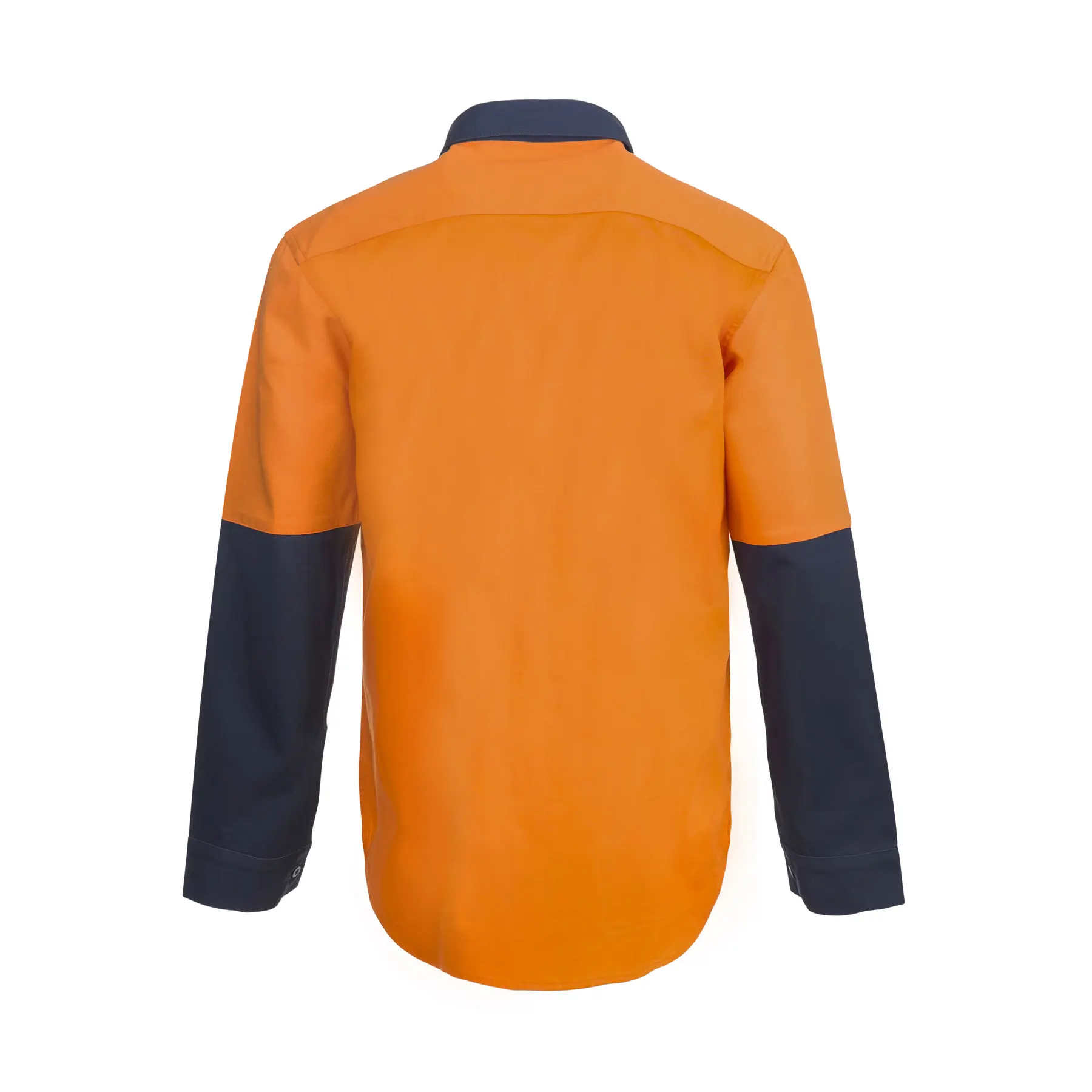Heavy Duty Hybrid Hi Vis Closed Front Cotton Drill Shirt With Gusset Sleeves Navy Orange Front