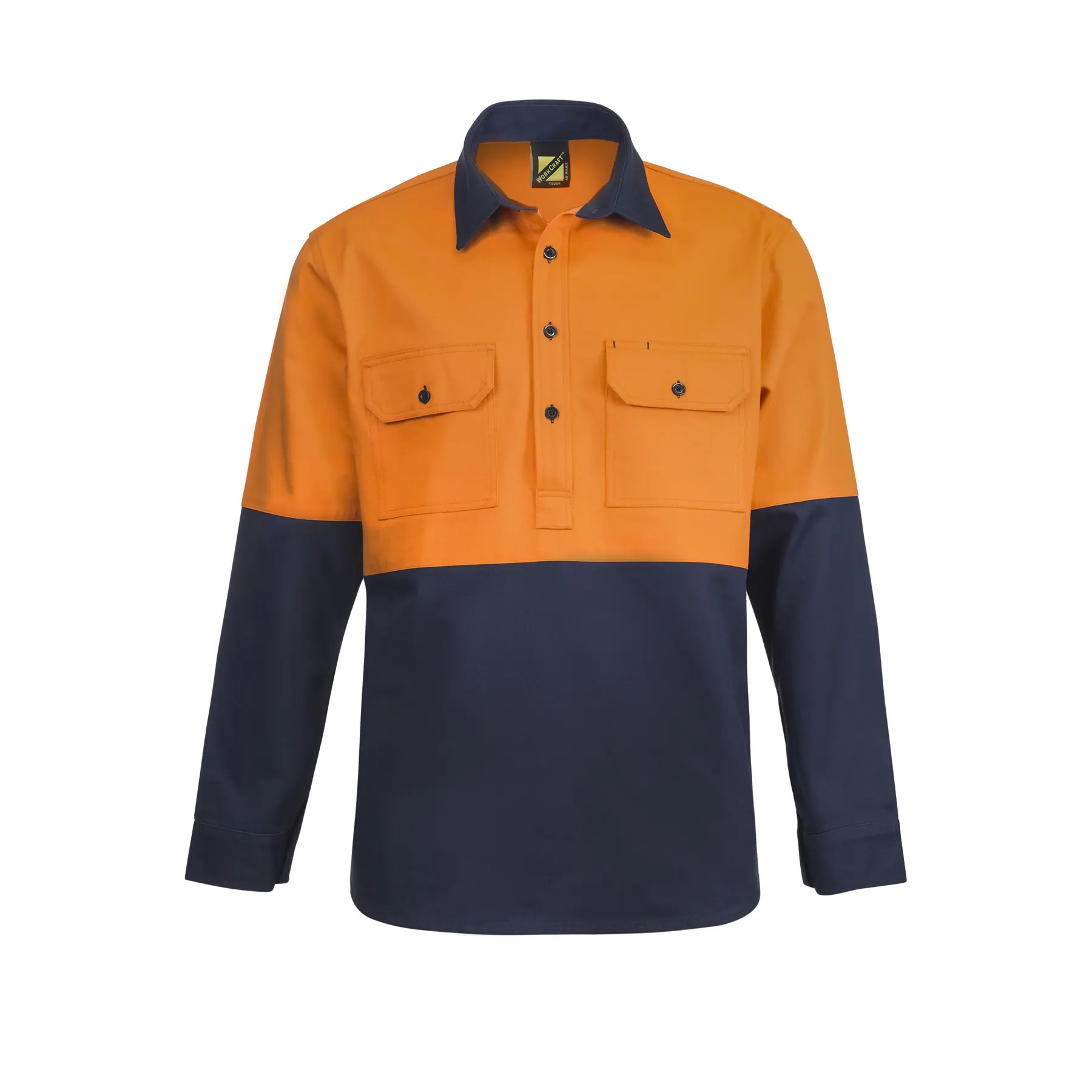 Heavy Duty Hybrid Hi Vis Closed Front Cotton Drill Shirt With Gusset Sleeves Navy Orange Front