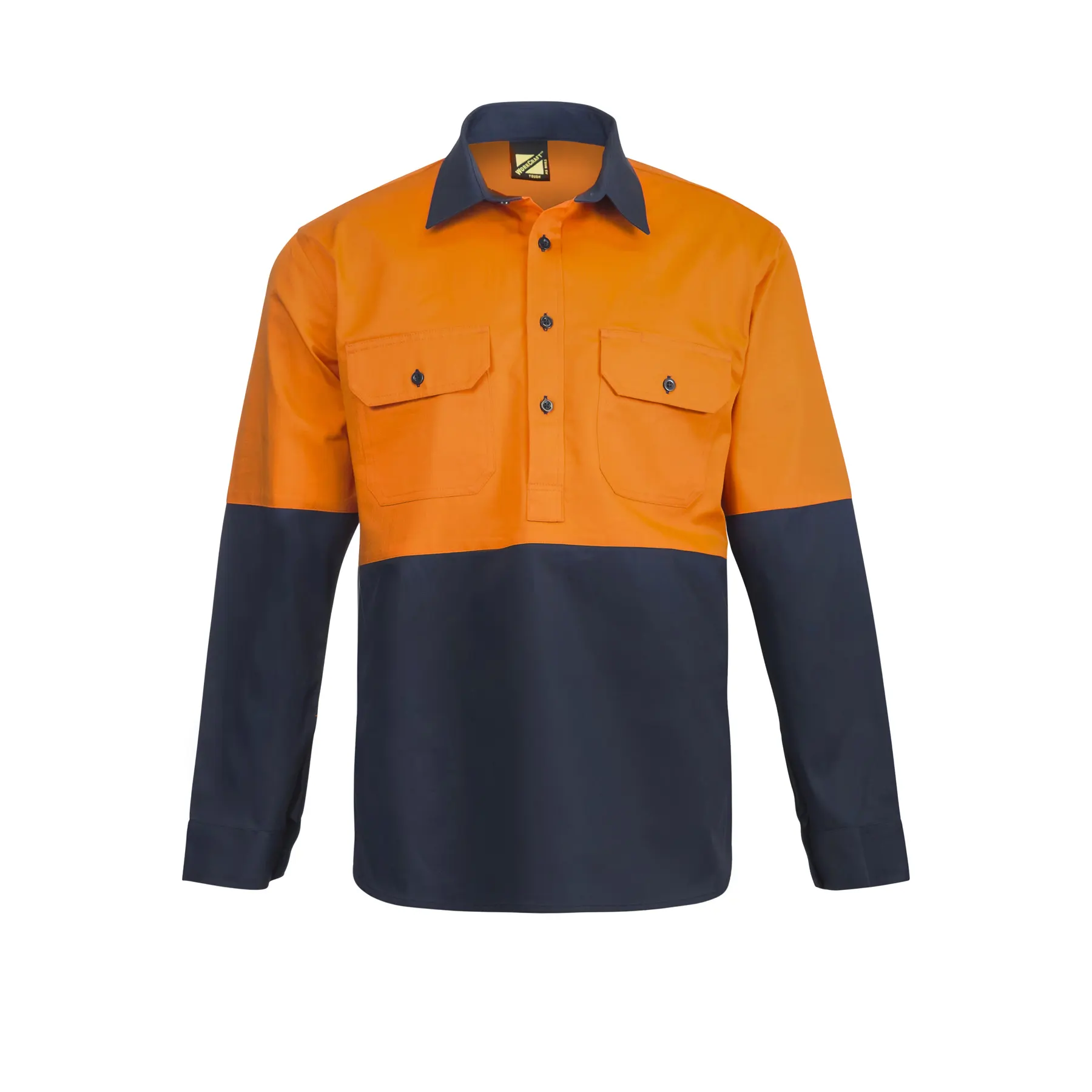 Hi Vis Closed Front Cotton Drill Shirt With Semi Gusset Sleeves Navy Orange Front