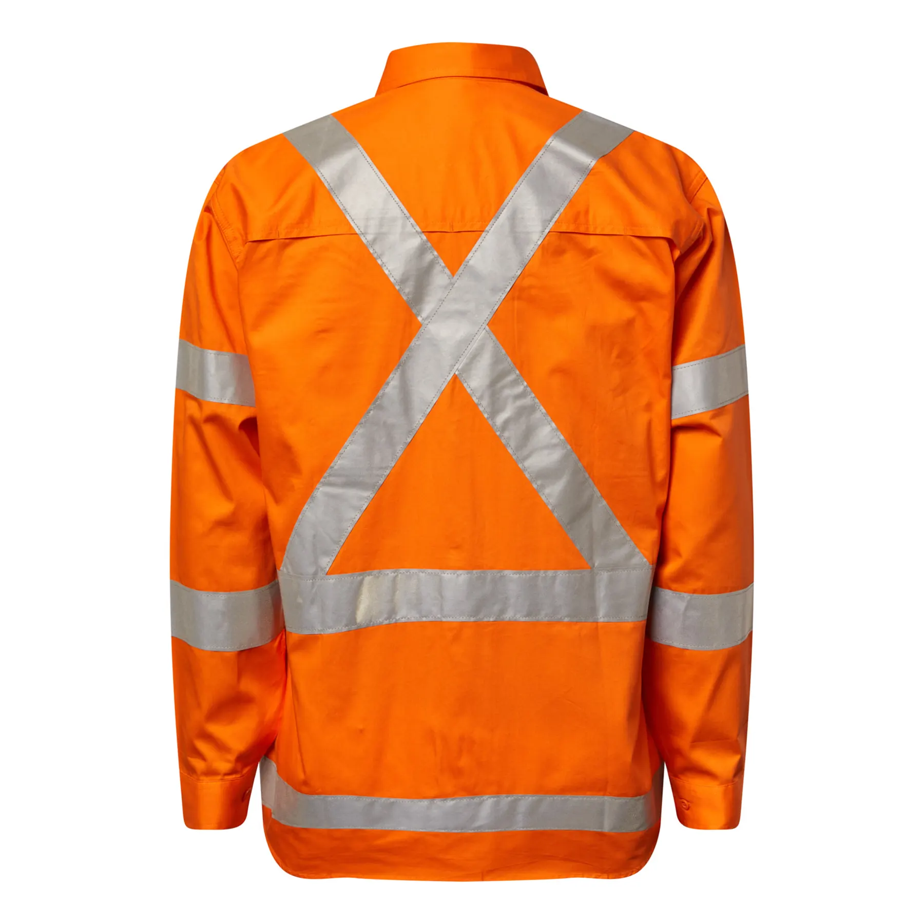 WS6010-lightweight-hi-vis-long-sleeve-vented-cotton-drill-reflective-shirt-x-pattern-nsw-rail-compliant-safety-orange-front