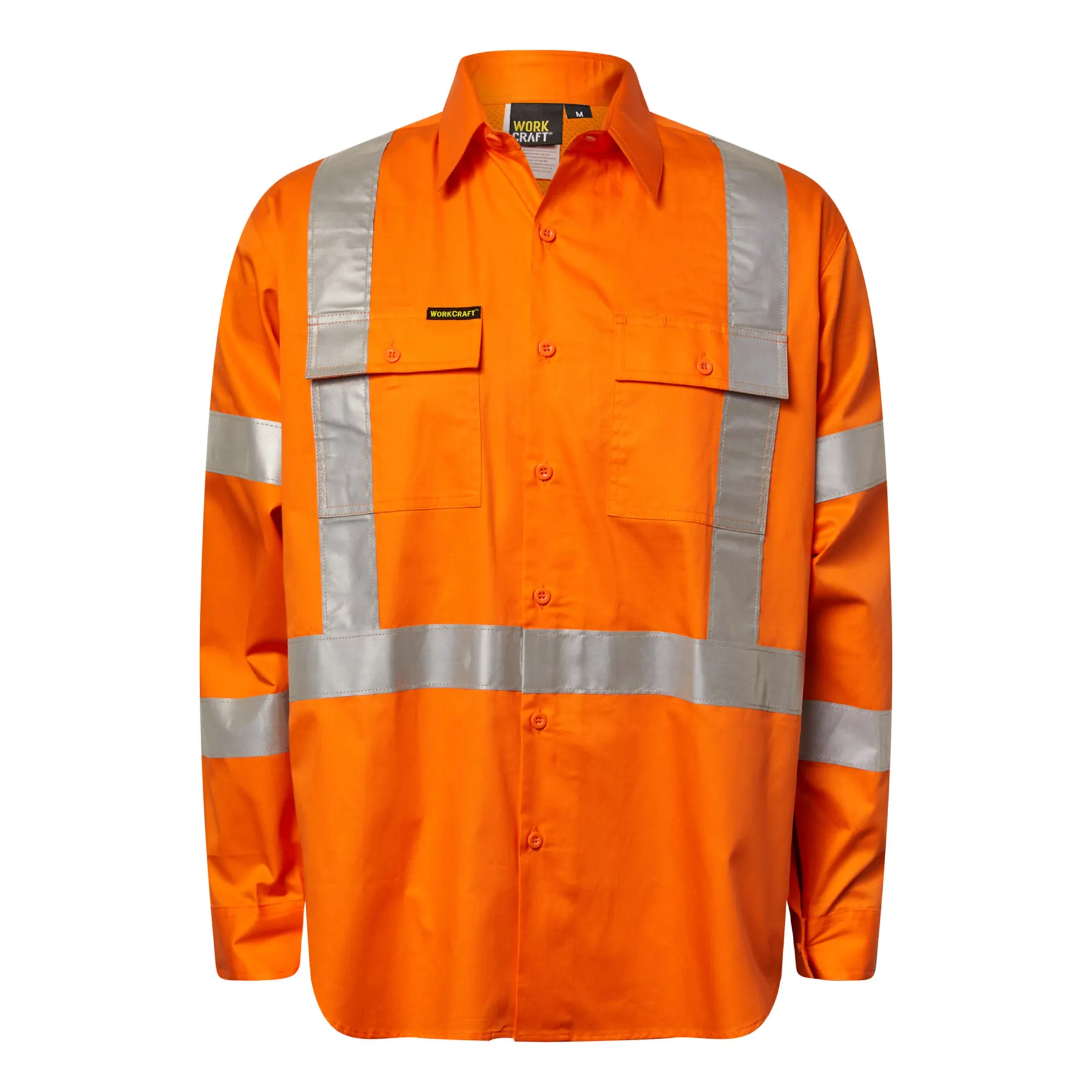 WS6010-lightweight-hi-vis-long-sleeve-vented-cotton-drill-reflective-shirt-x-pattern-nsw-rail-compliant-safety-orange-front