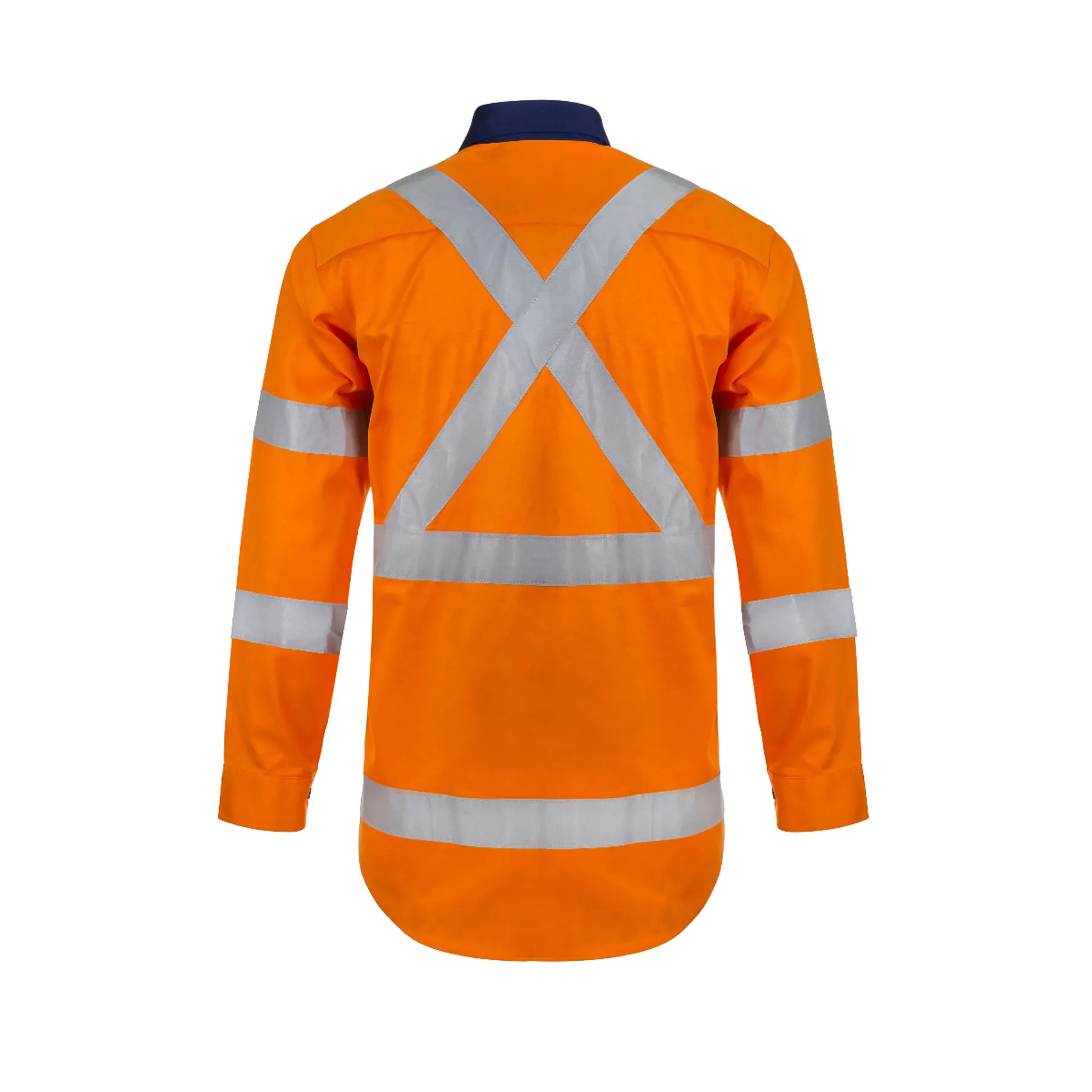 Hi Vis Long Sleeve Cotton Drill Reflective Shirt With X Pattern Navy Orange Front