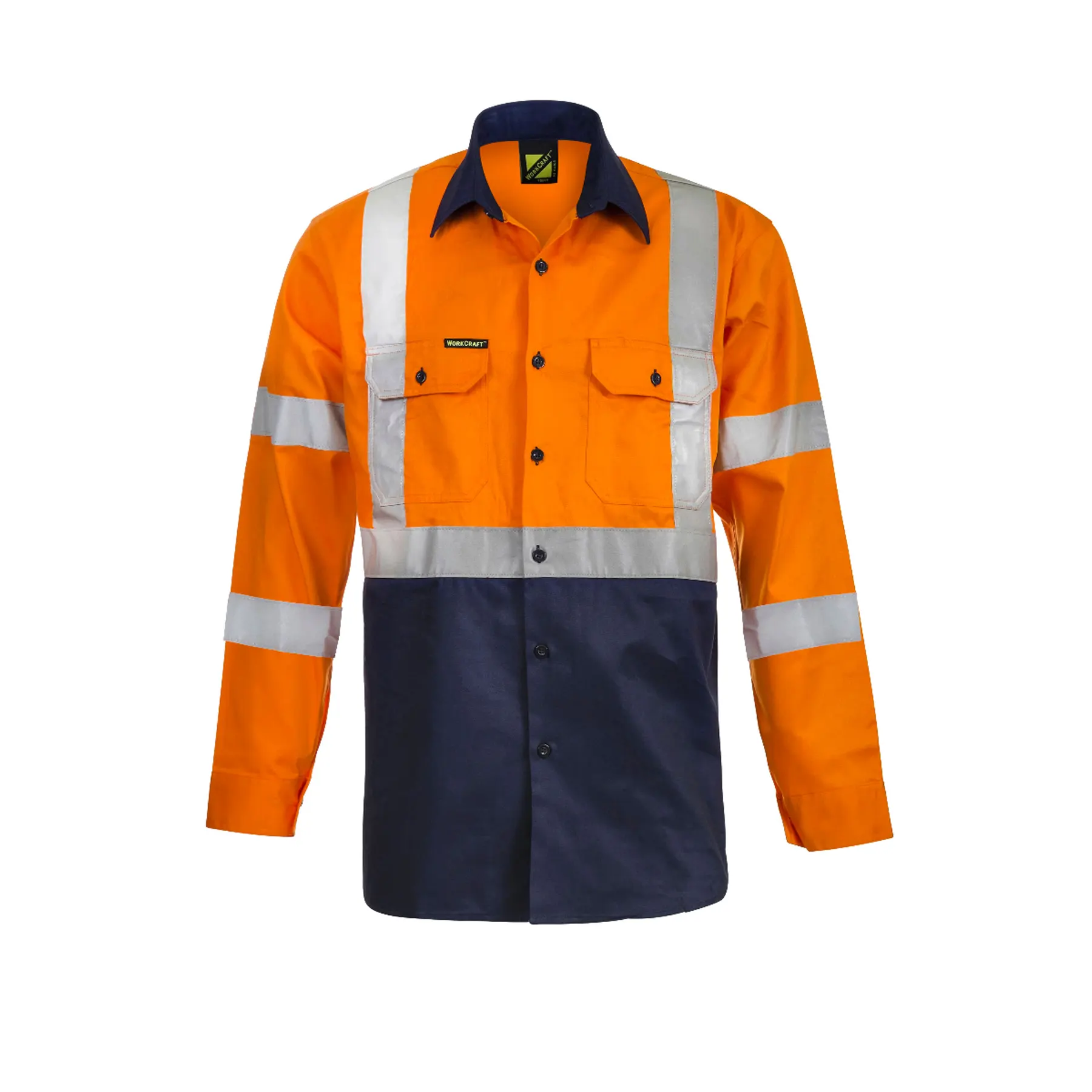 Hi Vis Long Sleeve Cotton Drill Reflective Shirt With X Pattern Navy Orange Front
