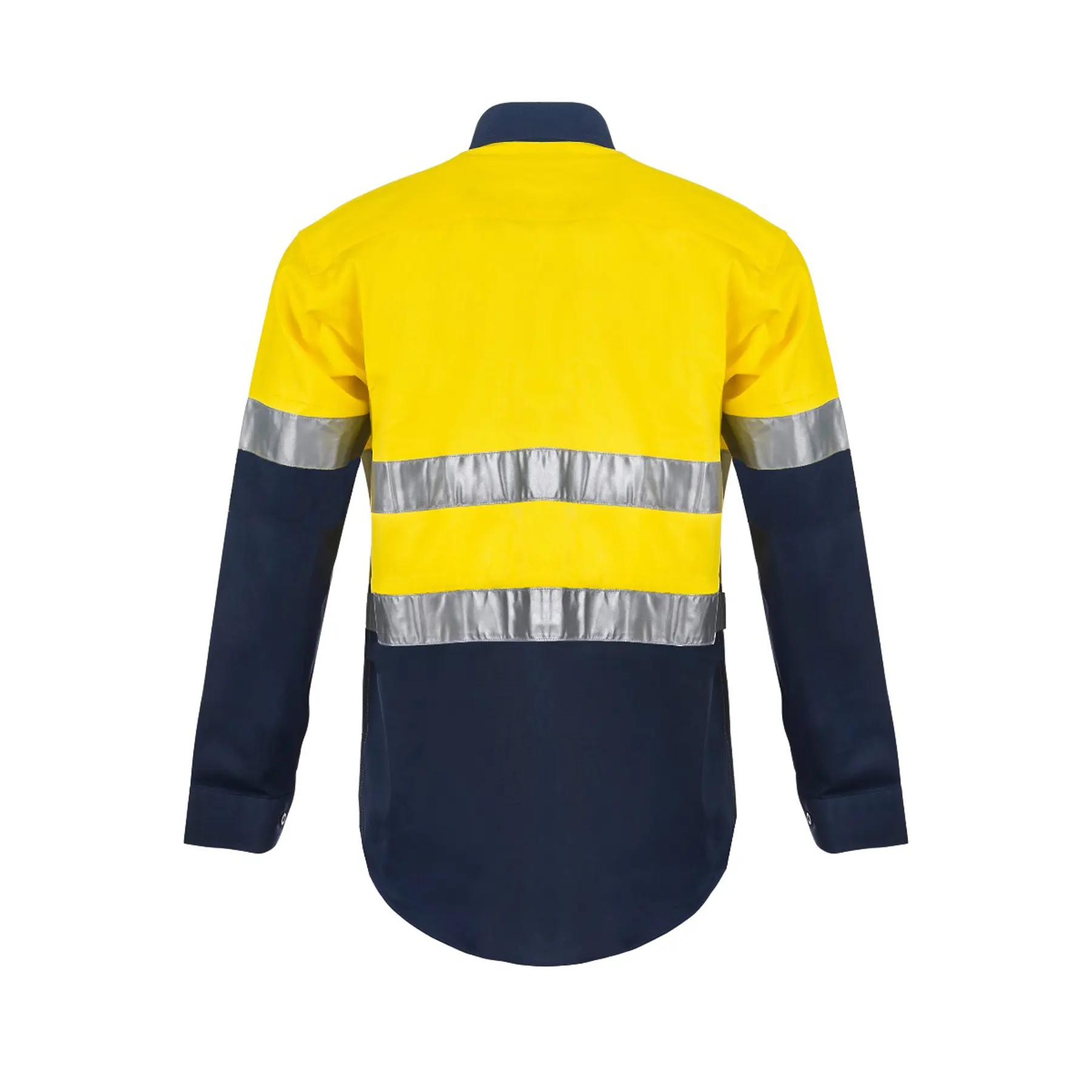Heavy Duty Hybrid Hi Vis Closed Front Cotton Drill Reflective Shirt With Gusset Sleeves Navy Yellow Front