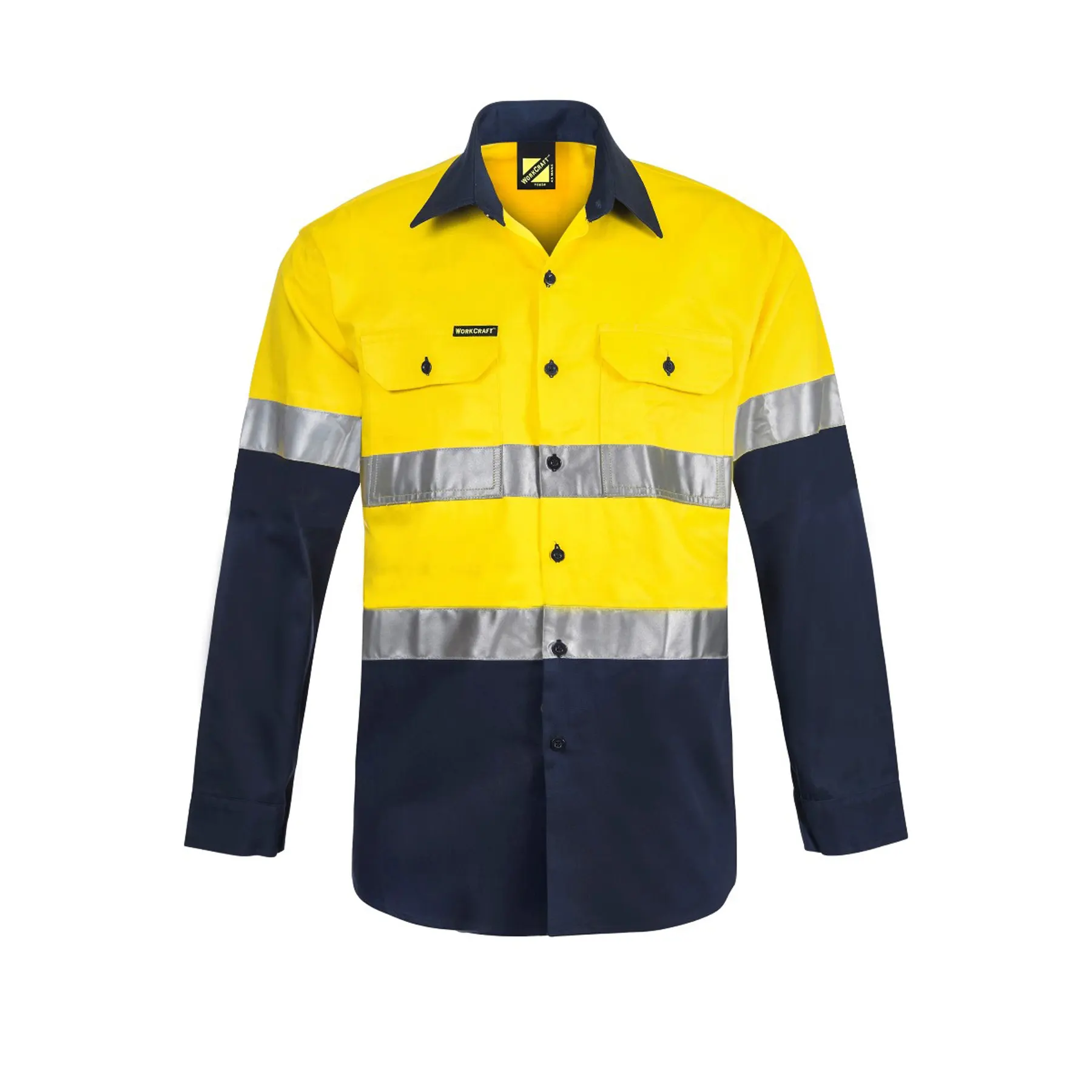 Heavy Duty Hybrid Hi Vis Closed Front Cotton Drill Reflective Shirt With Gusset Sleeves Navy Yellow Front