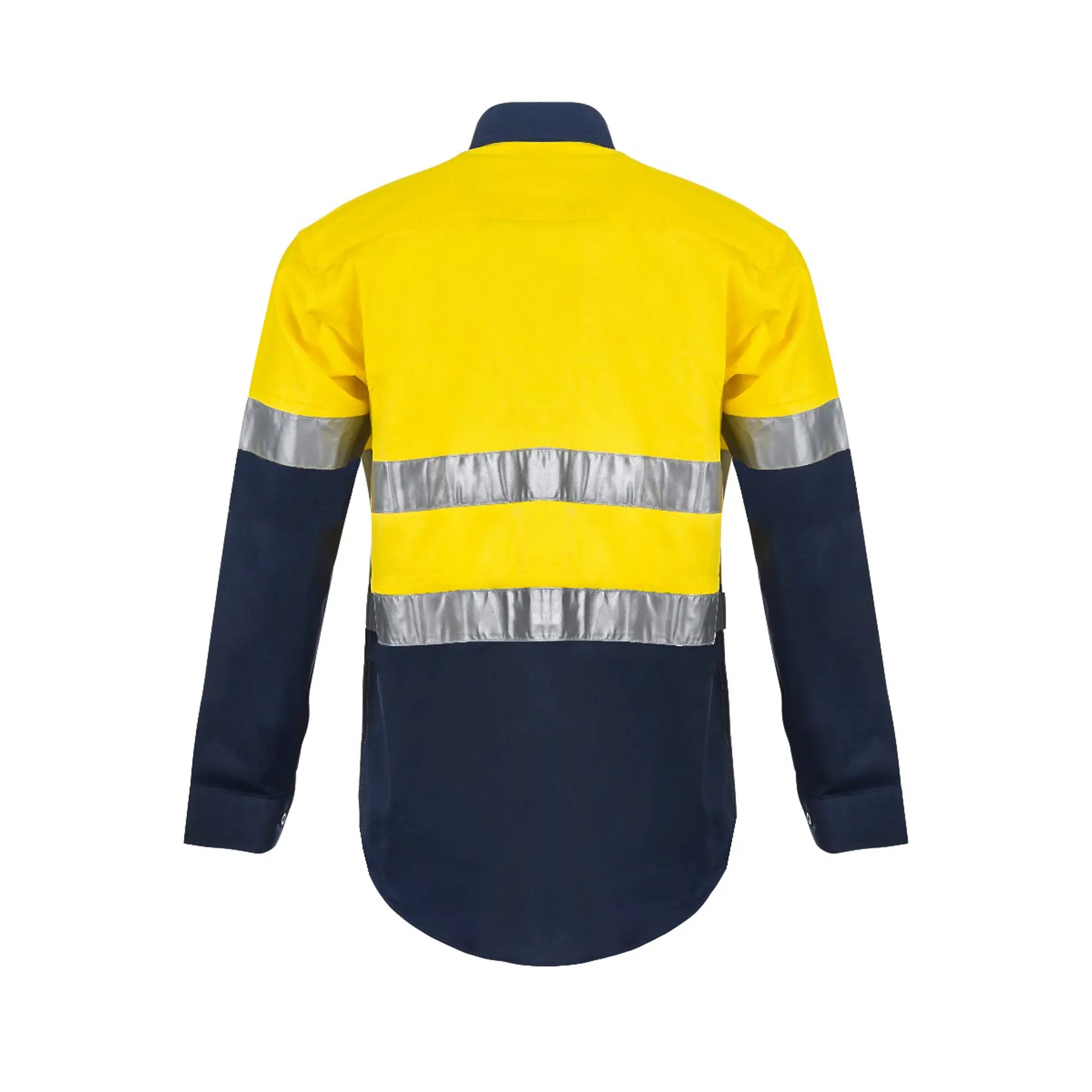 Lightweight Hi Vis Closed Front Cotton Drill Reflective Shirt With Semi Gusset Sleeves Navy Yellow Front