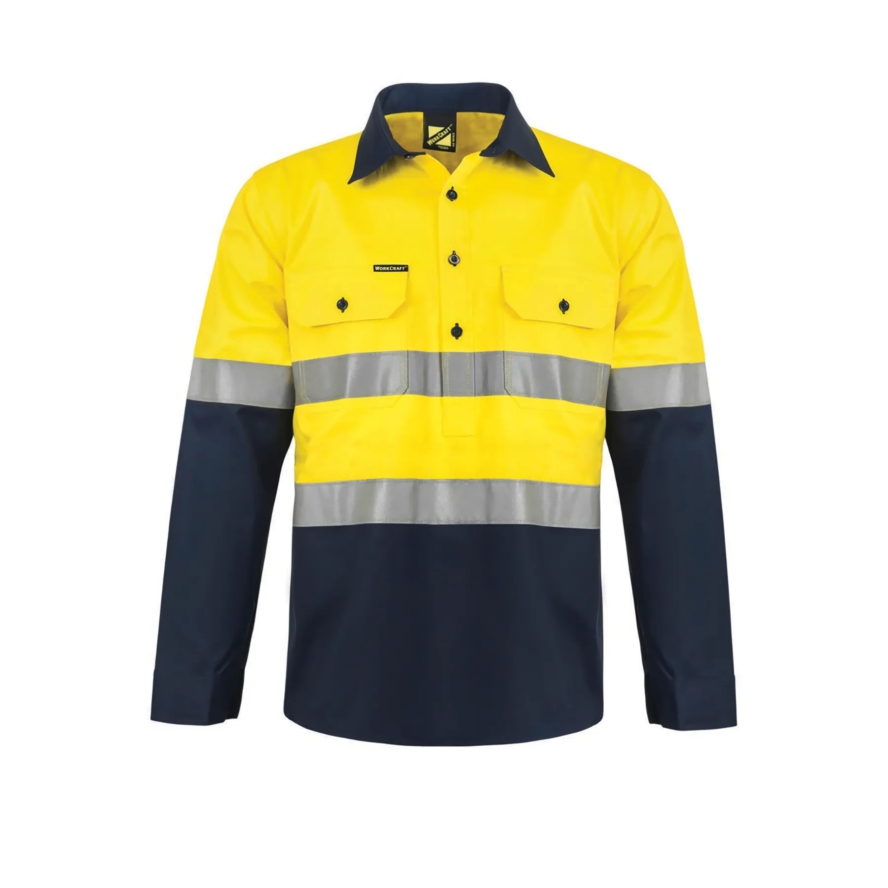 Lightweight Hi Vis Closed Front Cotton Drill Reflective Shirt With Semi Gusset Sleeves Navy Yellow Front