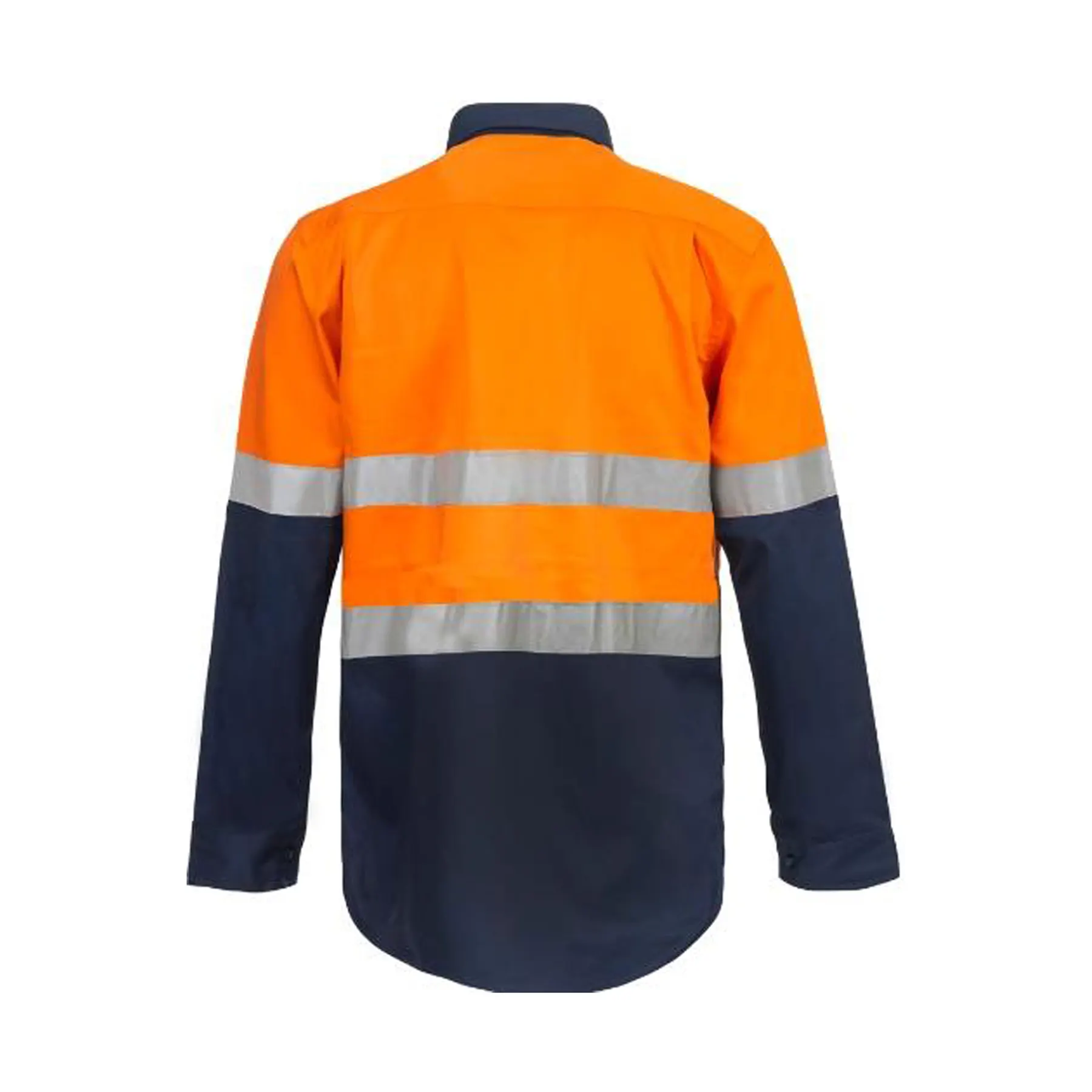 Hi Vis Closed Front Cotton Drill Reflective Shirt With Semi Gusset Sleeves Navy Orange Front