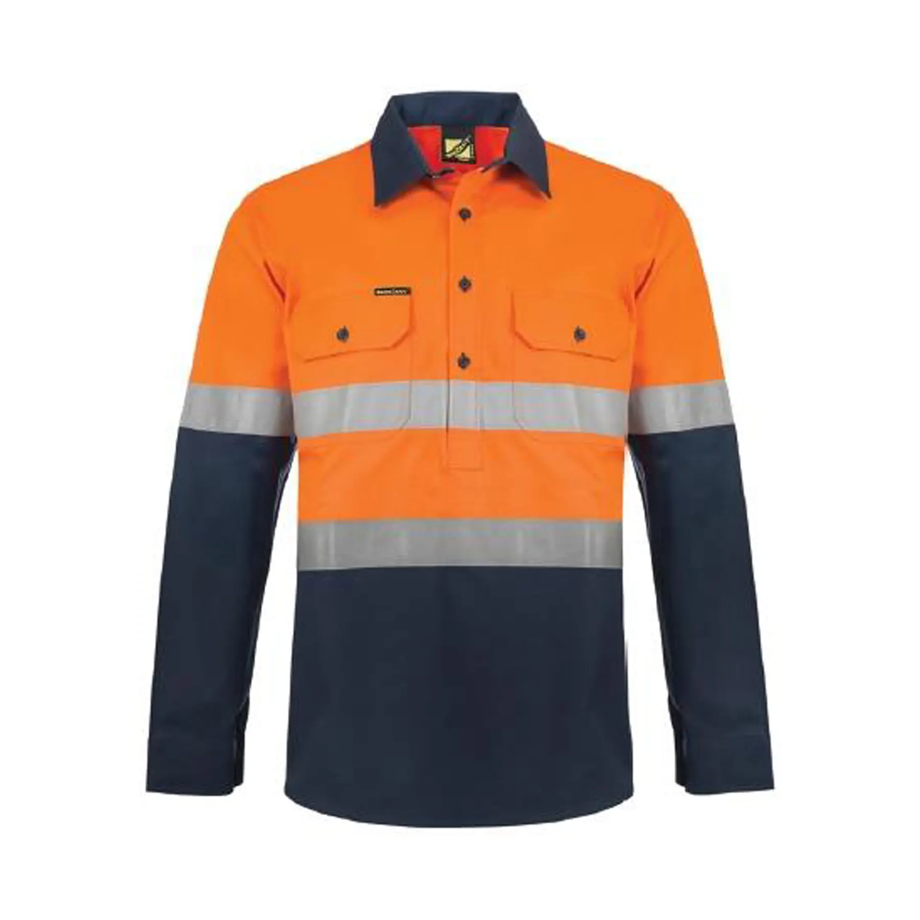 Hi Vis Closed Front Cotton Drill Reflective Shirt With Semi Gusset Sleeves Navy Orange Front