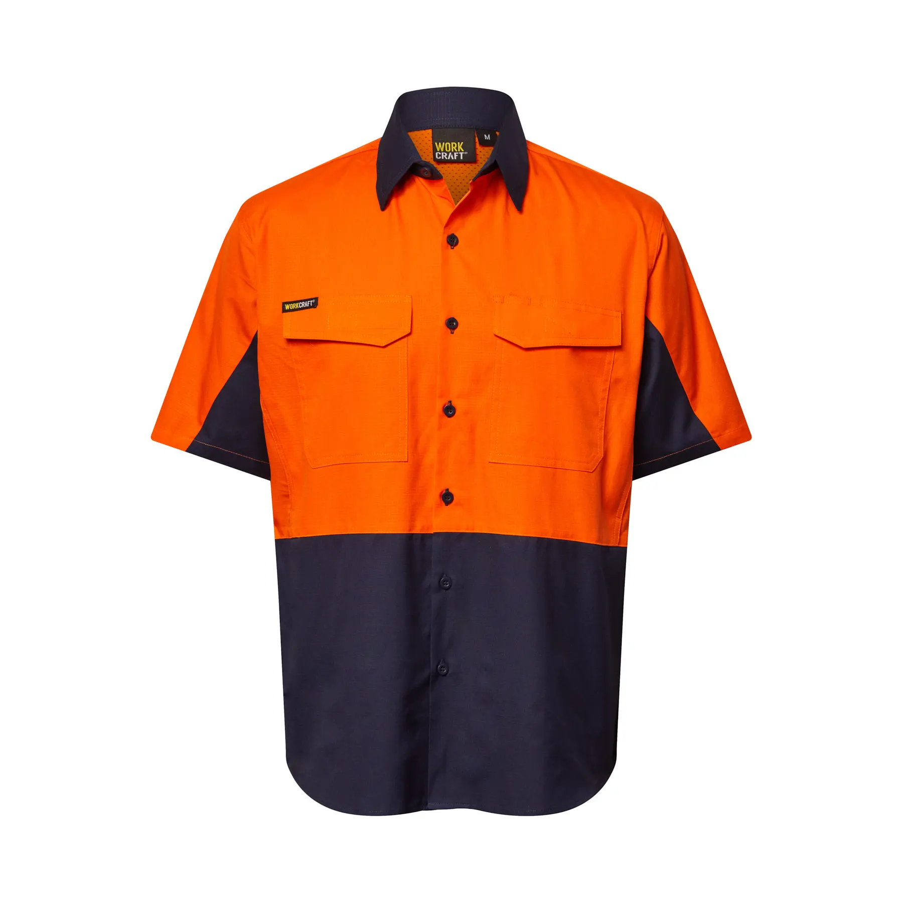 Hi Vis Short Sleeve Vented Ripstop Shirt Navy Orange Front