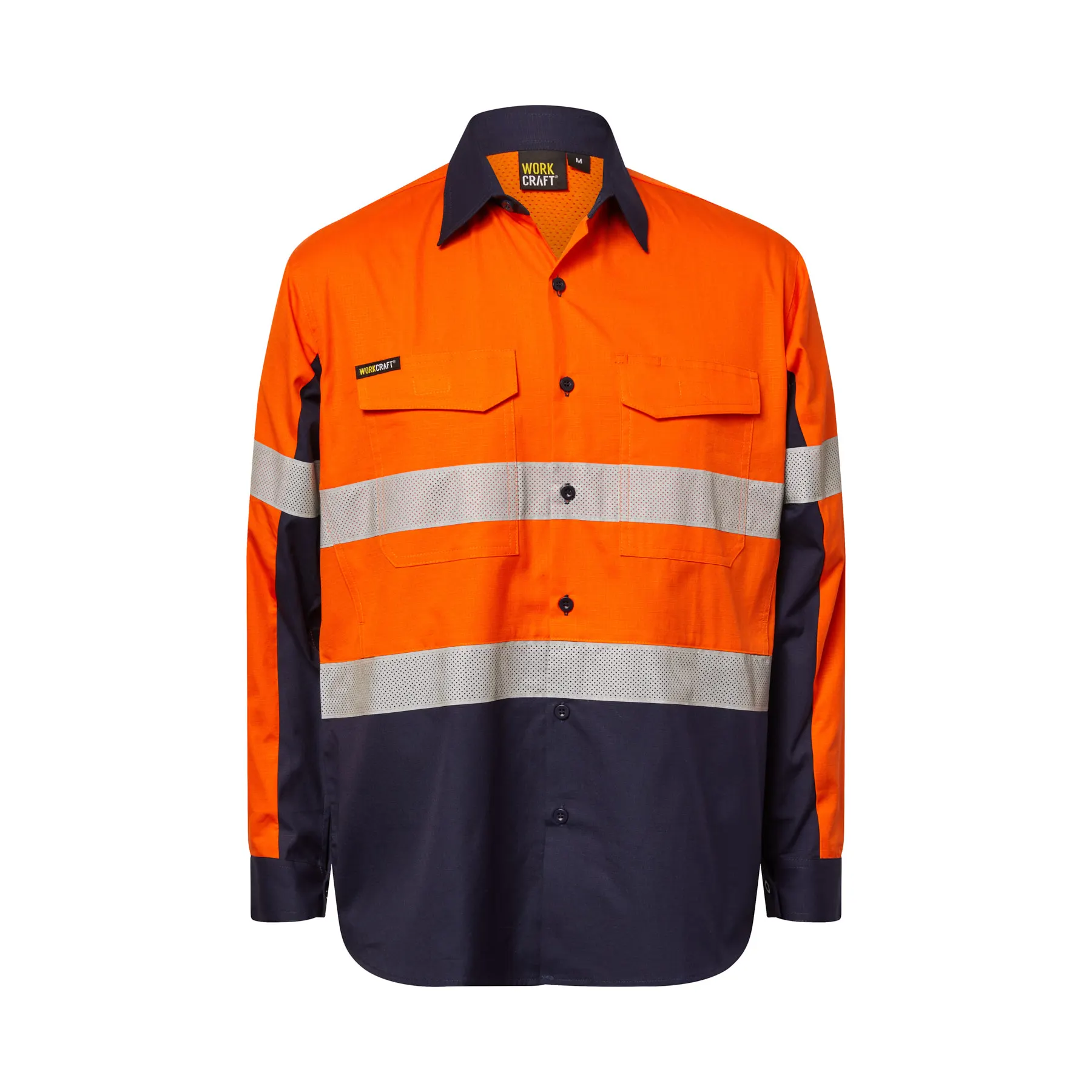 Hi Vis Long Sleeve Vented Reflective Ripstop Shirt Navy Orange Front