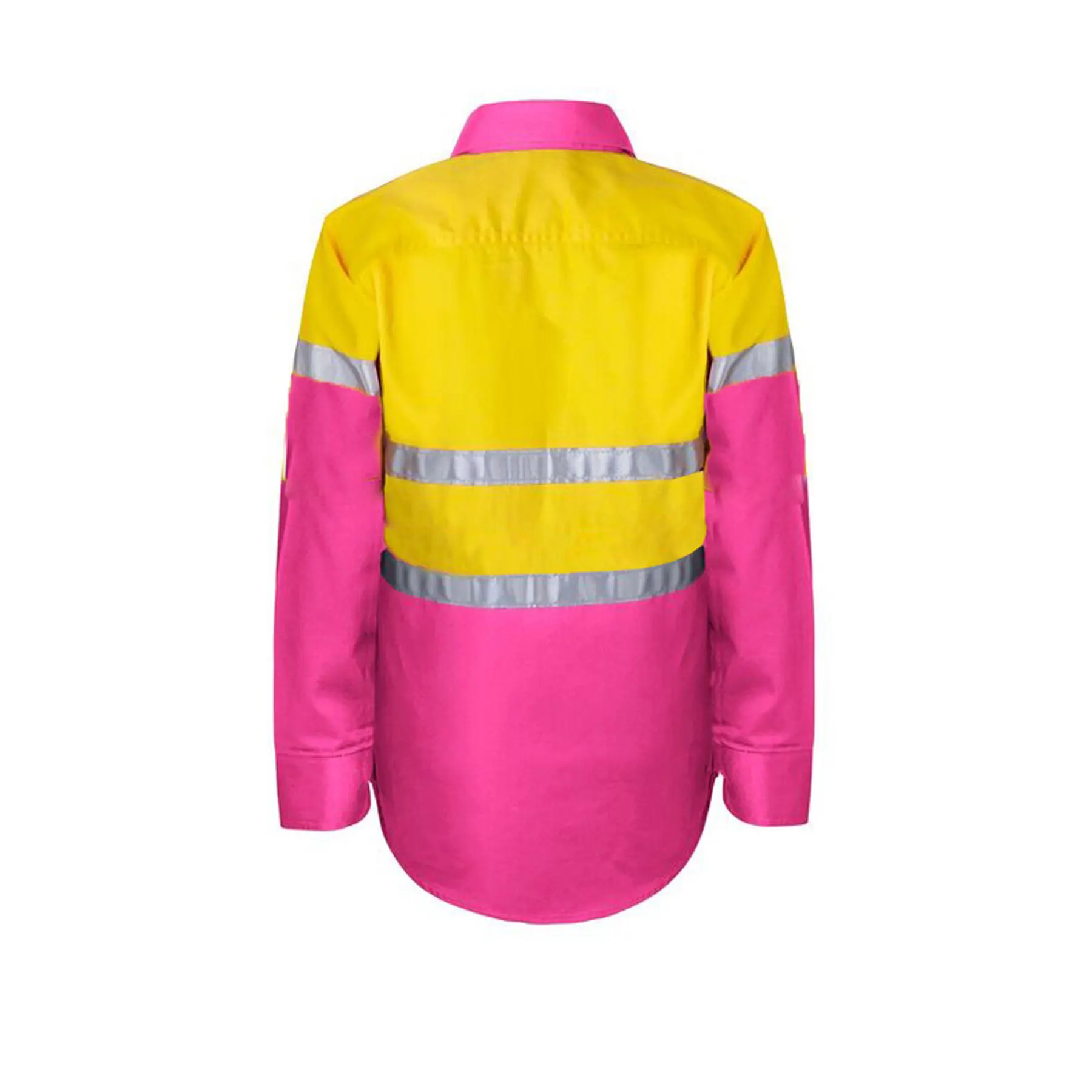 Kids Lightweight Hi Vis Long Sleeve Reflective Cotton Drill Shirt Pink Yellow Front