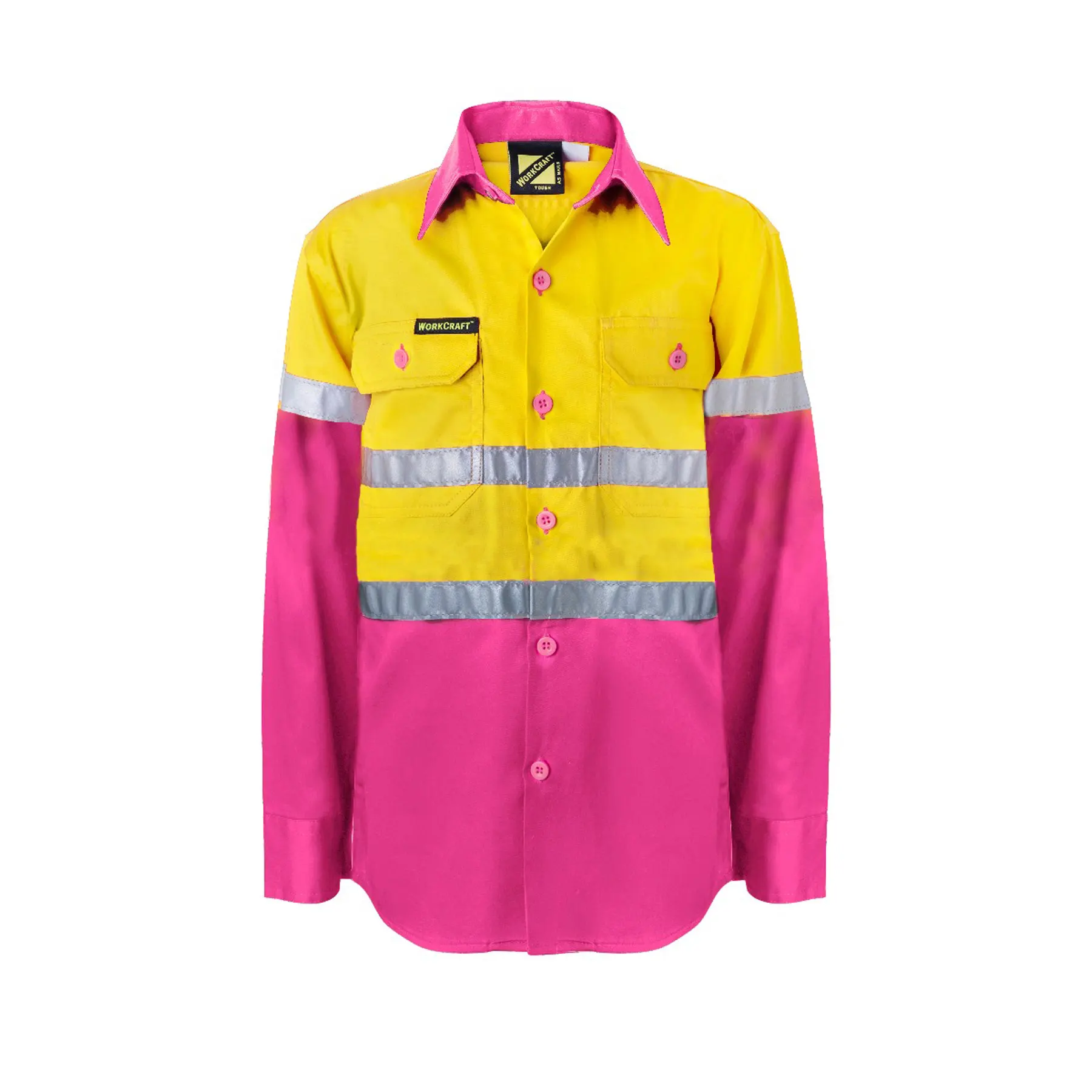 Kids Lightweight Hi Vis Long Sleeve Reflective Cotton Drill Shirt Pink Yellow Front