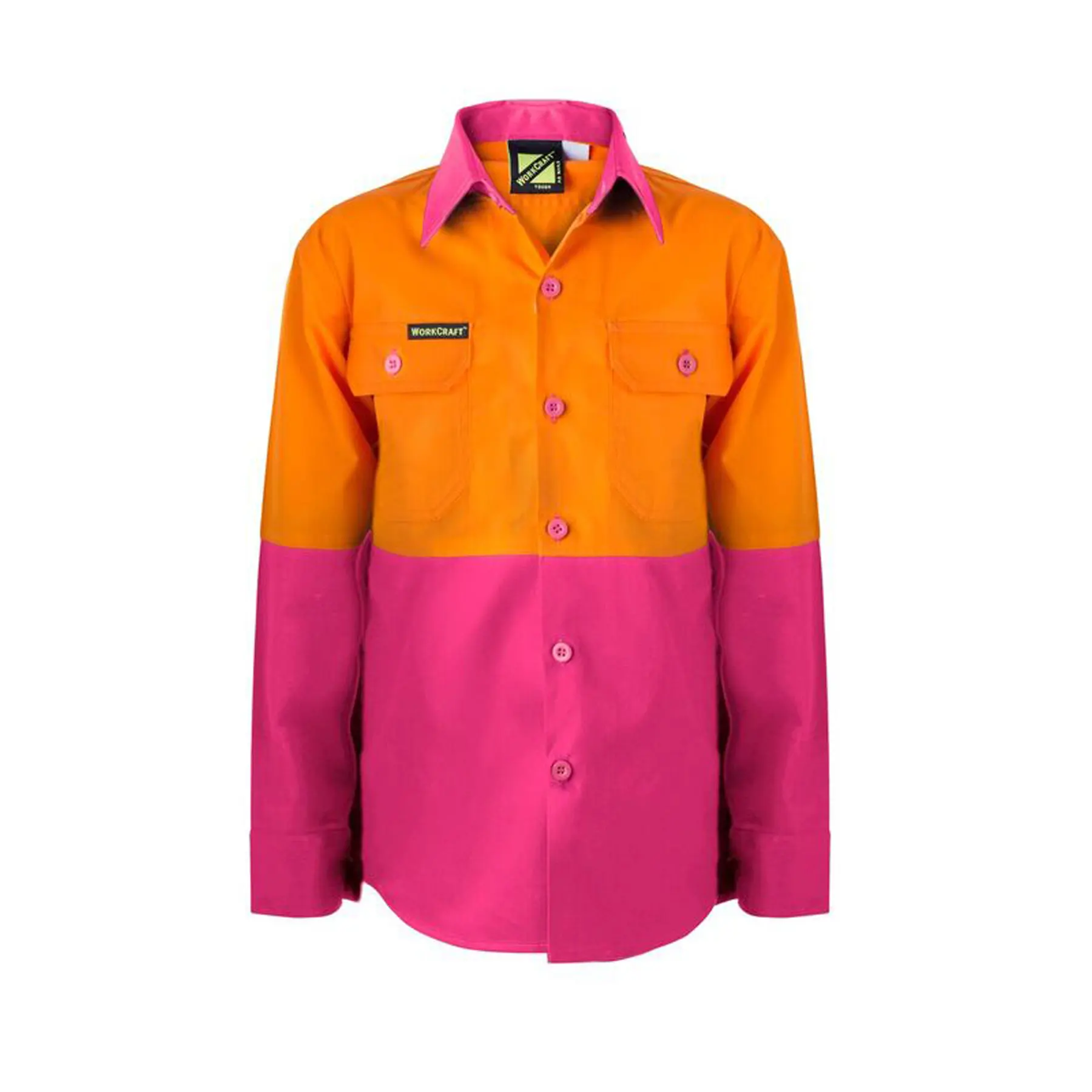 Kids Lightweight Hi Vis Long Sleeve Cotton Drill Shirt Pink Orange Front
