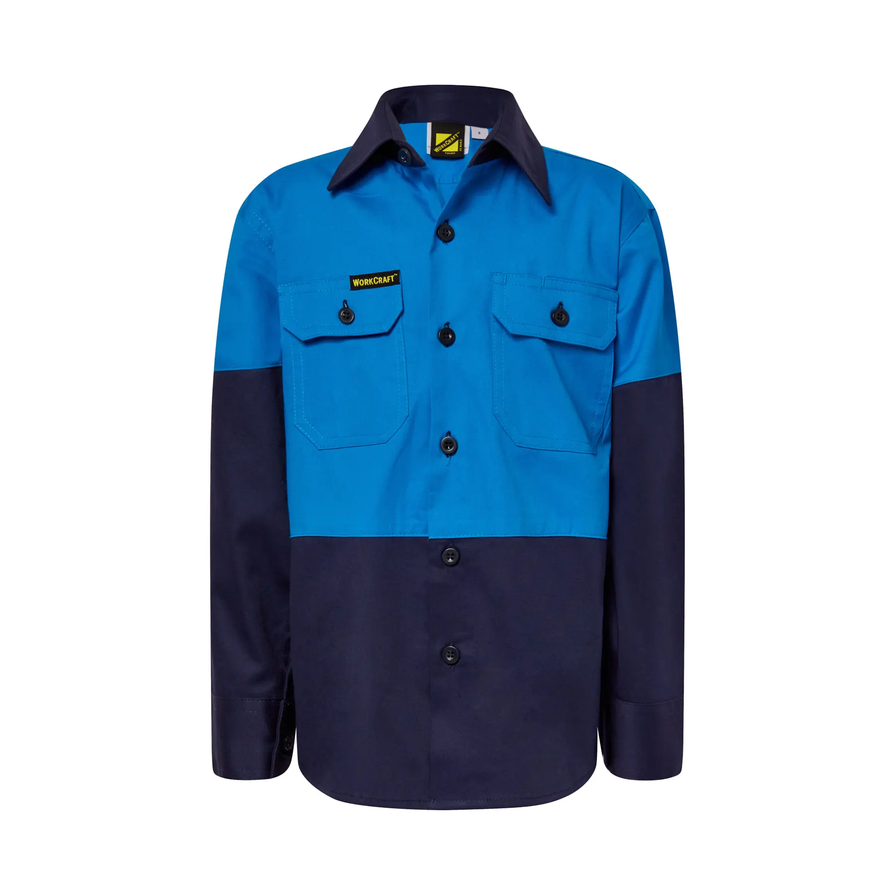 Kids Lightweight Long Sleeve Cotton Drill Shirt Navy Electric Blue Front