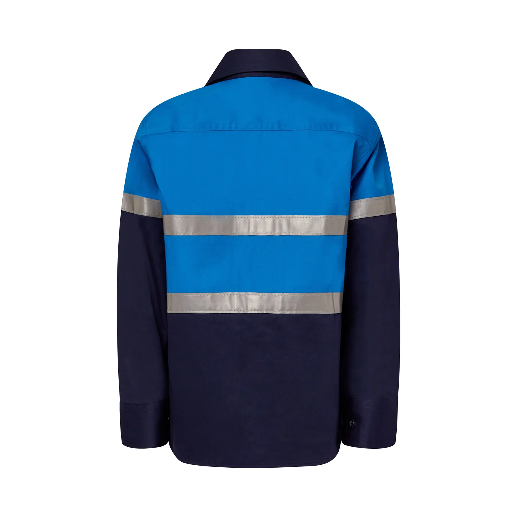 Kids Lightweight Hi Vis Long Sleeve Reflective Cotton Drill Shirt Navy Electric Blue Front