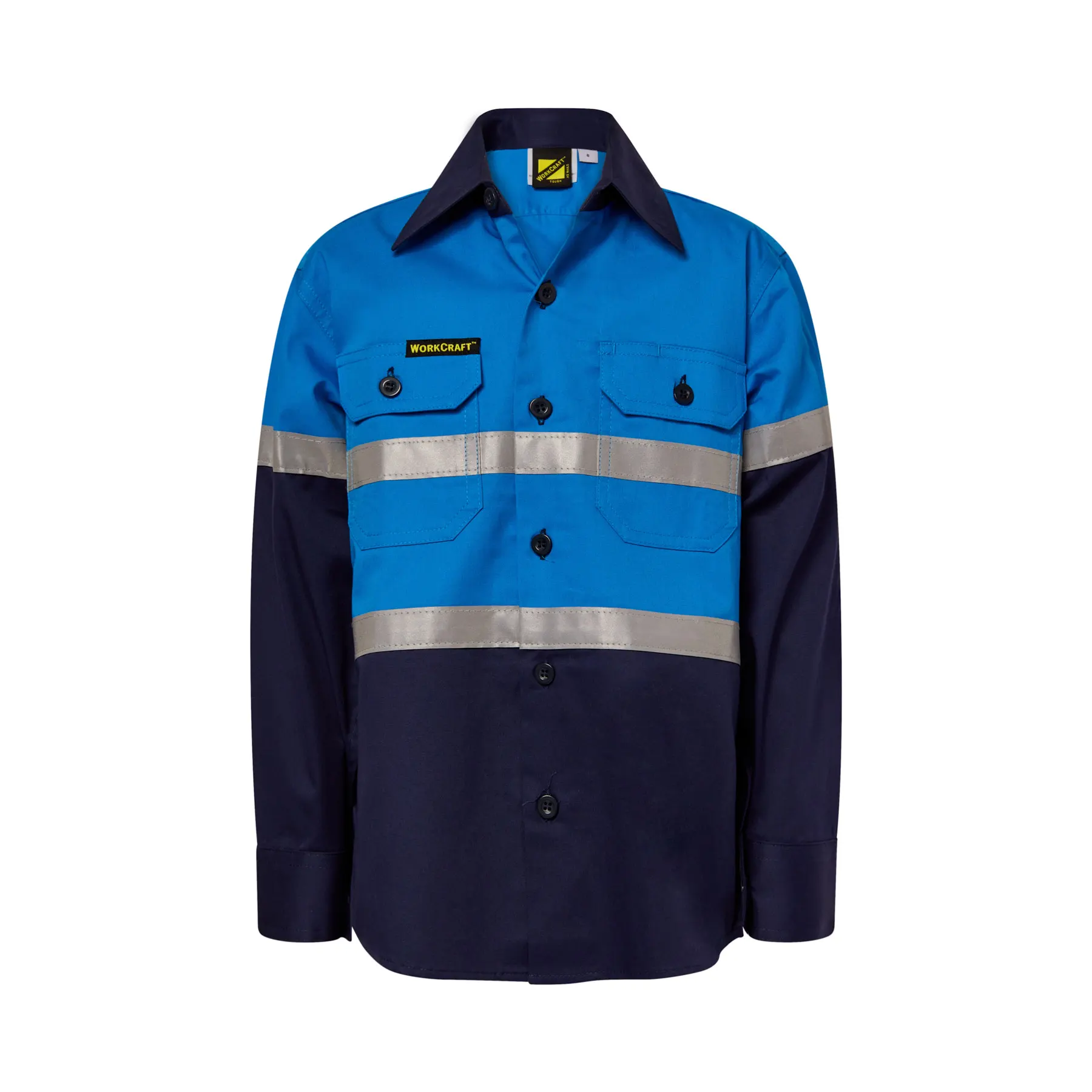 Kids Lightweight Hi Vis Long Sleeve Reflective Cotton Drill Shirt Navy Electric Blue Front