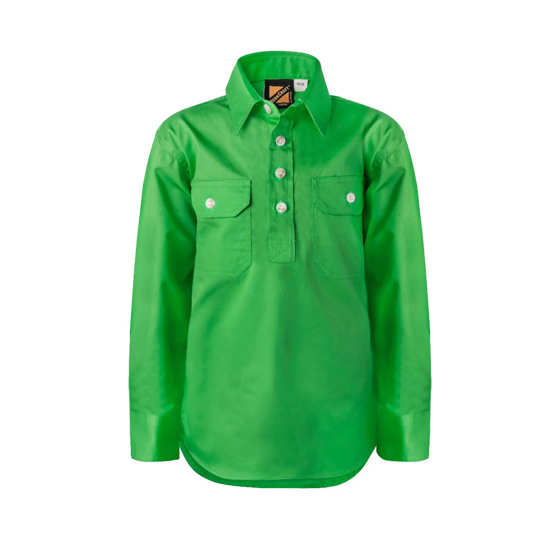 Kids Lightweight Long Sleeve Closed Front Cotton Drill Shirt Electric Green Front