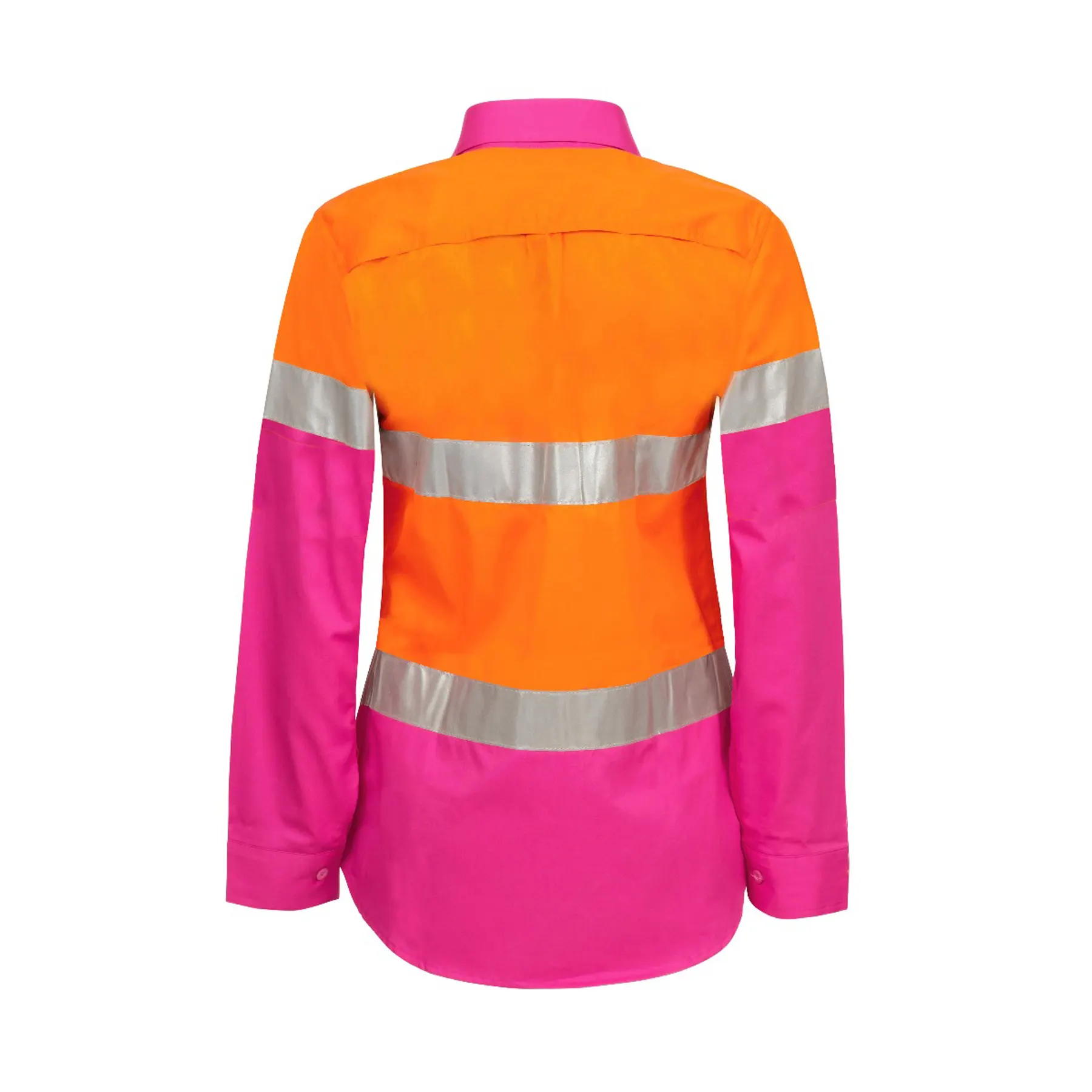 Ladies Lightweight hi Vis Long Sleeve Vented Reflective Cotton Drill Shirt Pink Orange Front