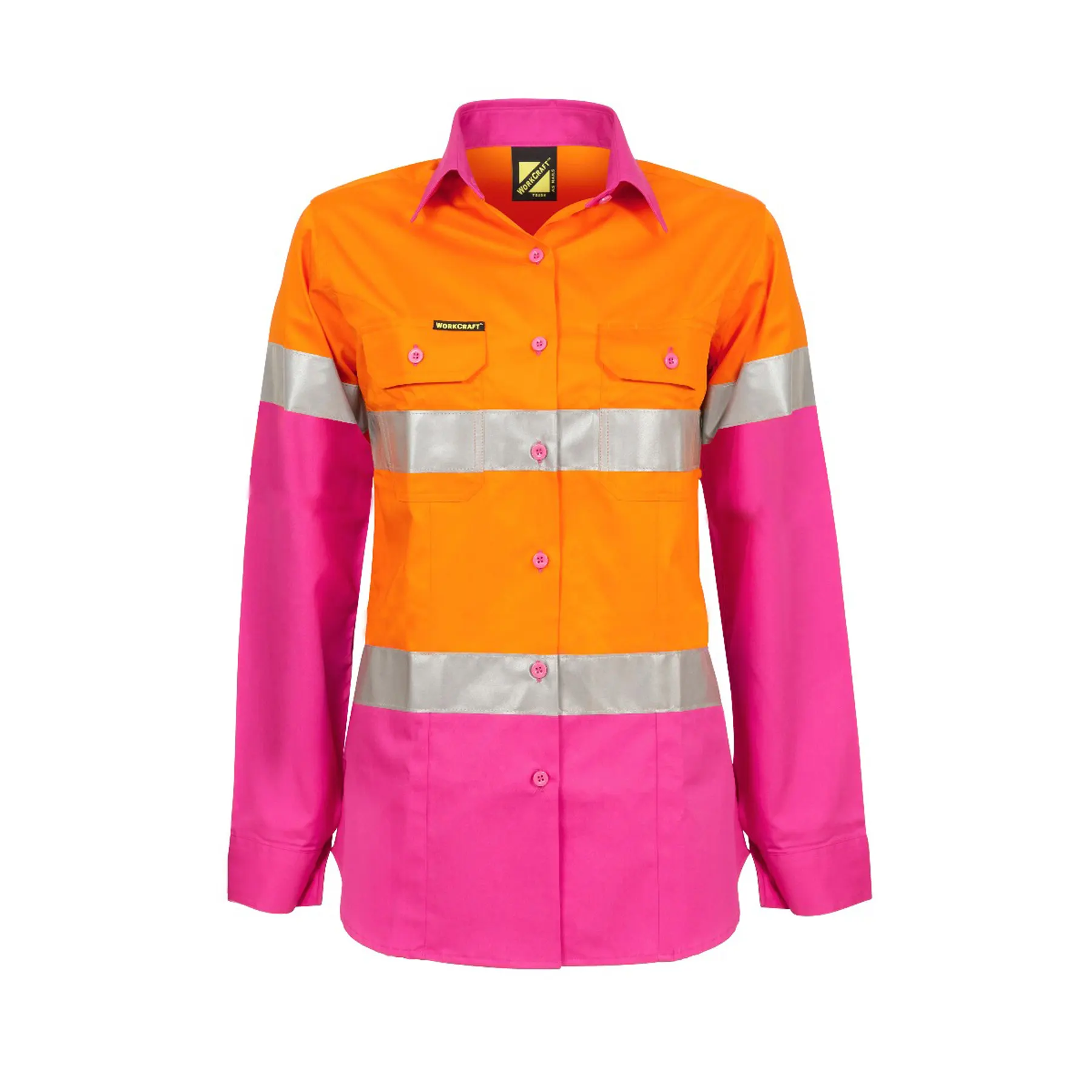 Ladies Lightweight hi Vis Long Sleeve Vented Reflective Cotton Drill Shirt Pink Orange Front
