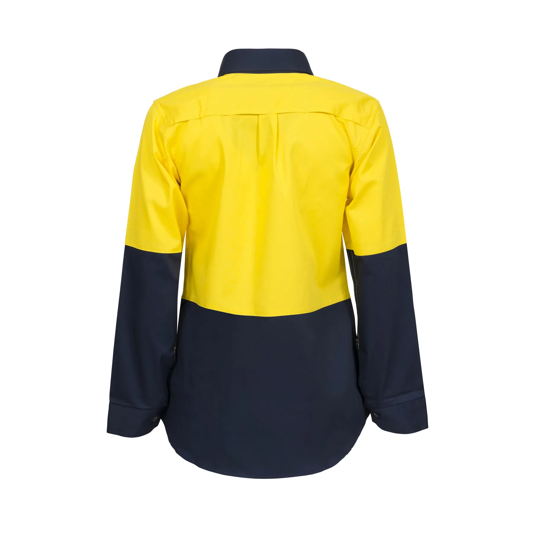 Ladies Lightweight Hi Vis Long Sleeve Vented Cotton Drill Shirt Navy Yellow Front