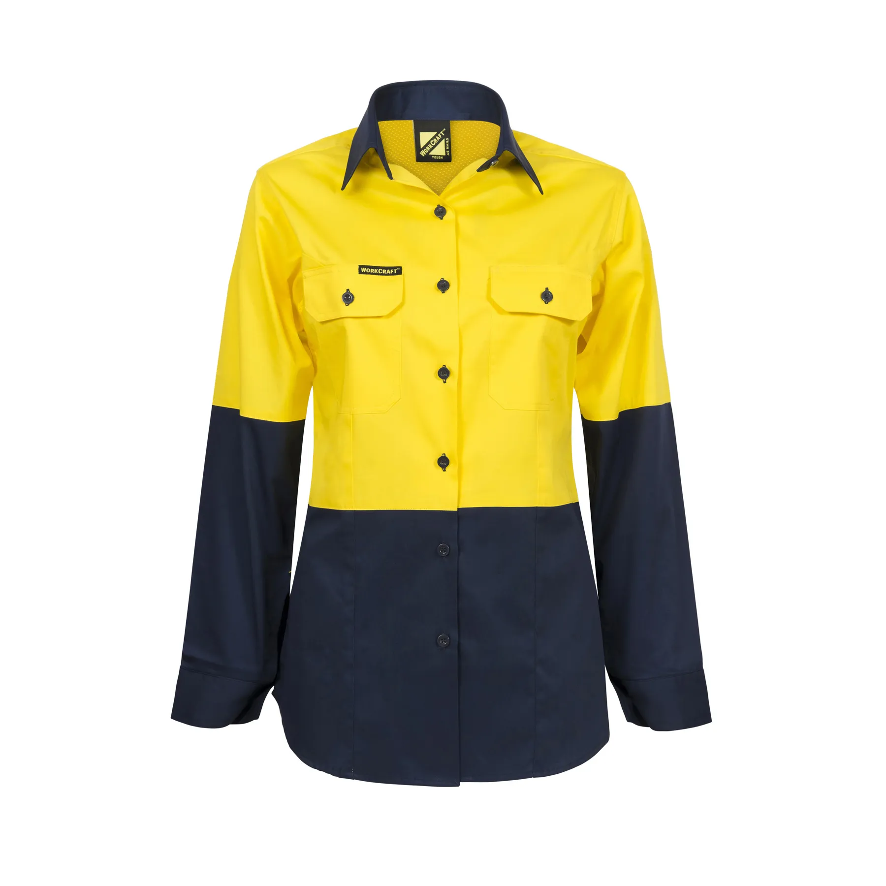 Ladies Lightweight Hi Vis Long Sleeve Vented Cotton Drill Shirt Navy Yellow Front