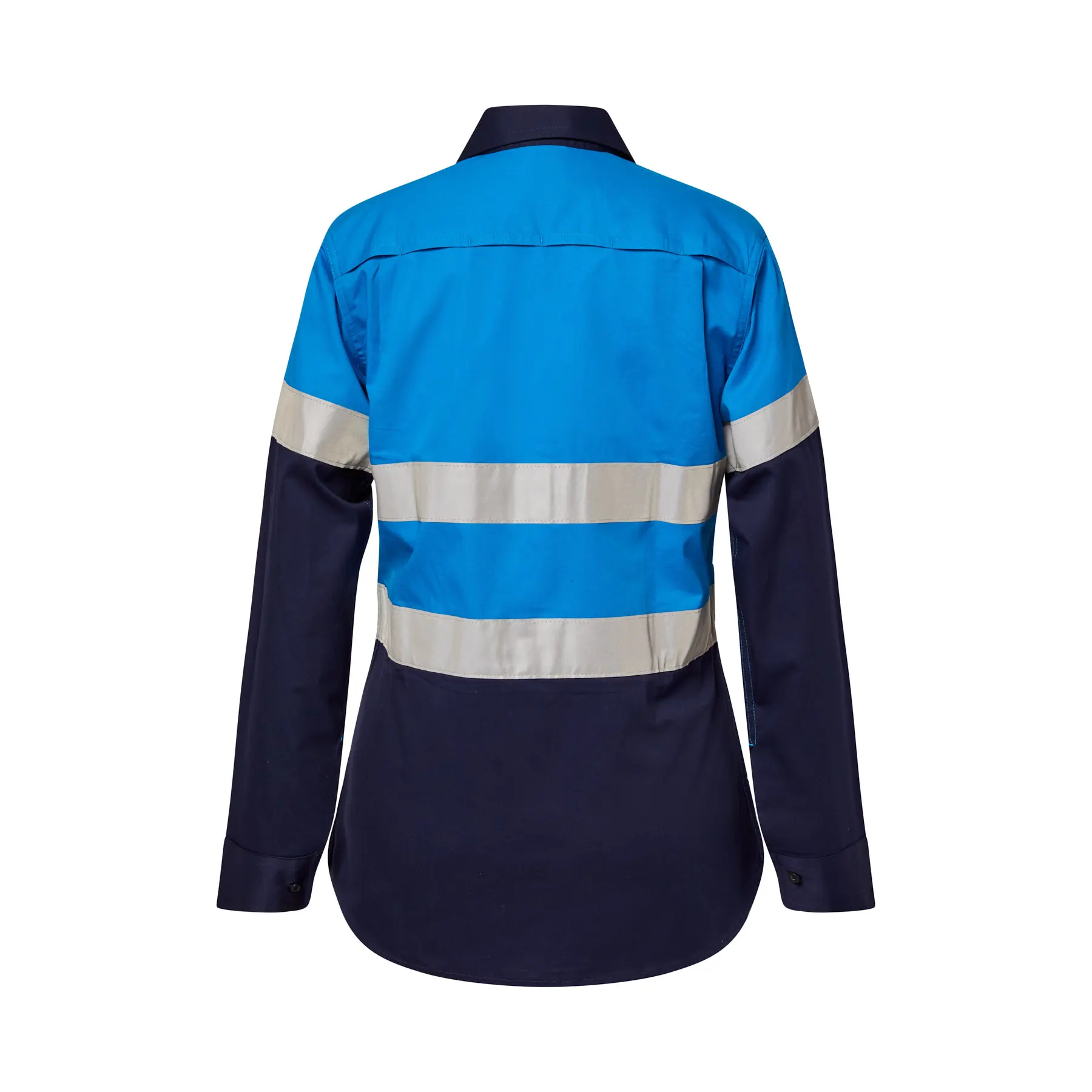 Ladies Lightweight Hi Vis Long Sleeve Vented Reflective Cotton Drill Shirt - Night Use Only Navy Electric Blue Front