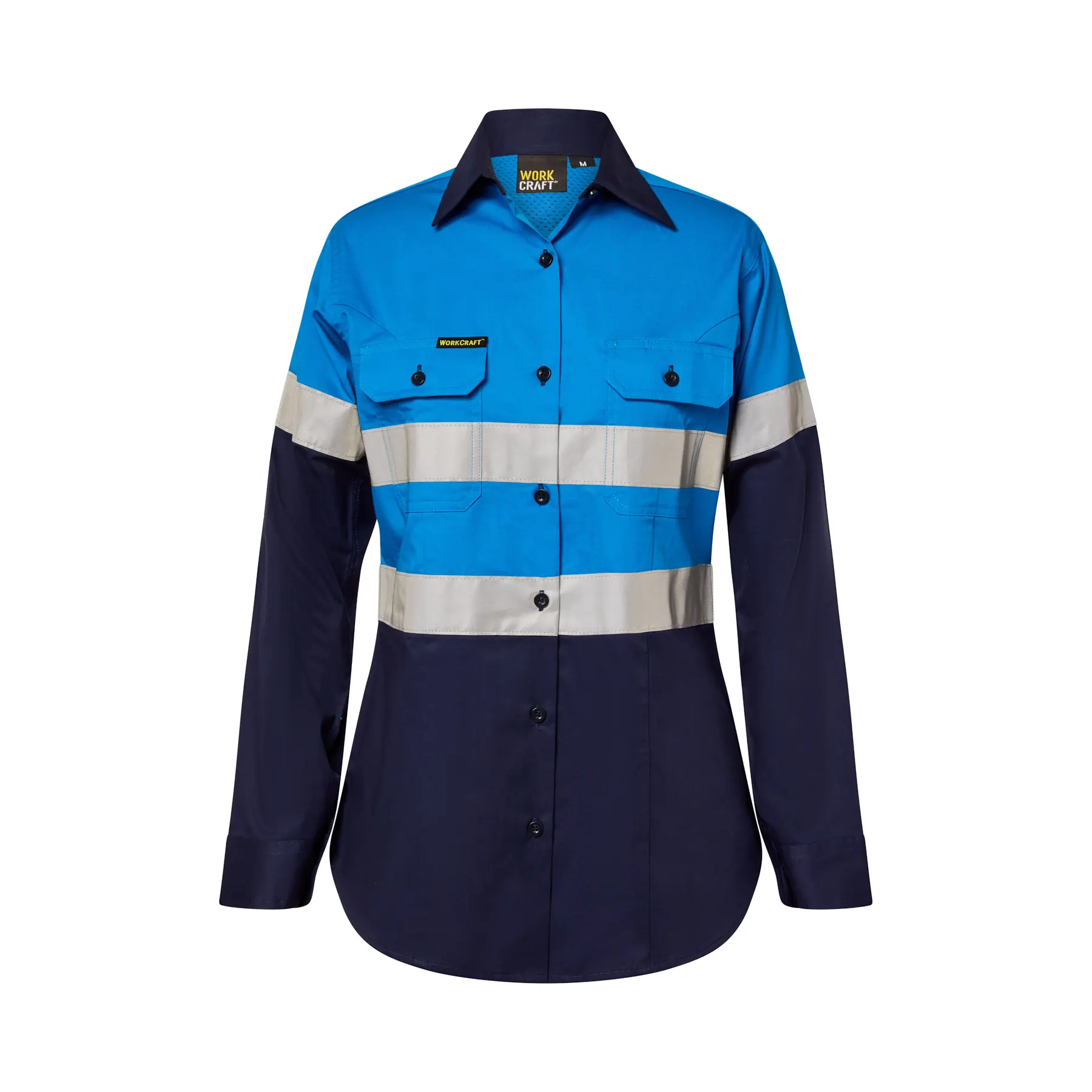 Ladies Lightweight Hi Vis Long Sleeve Vented Reflective Cotton Drill Shirt - Night Use Only Navy Electric Blue Front