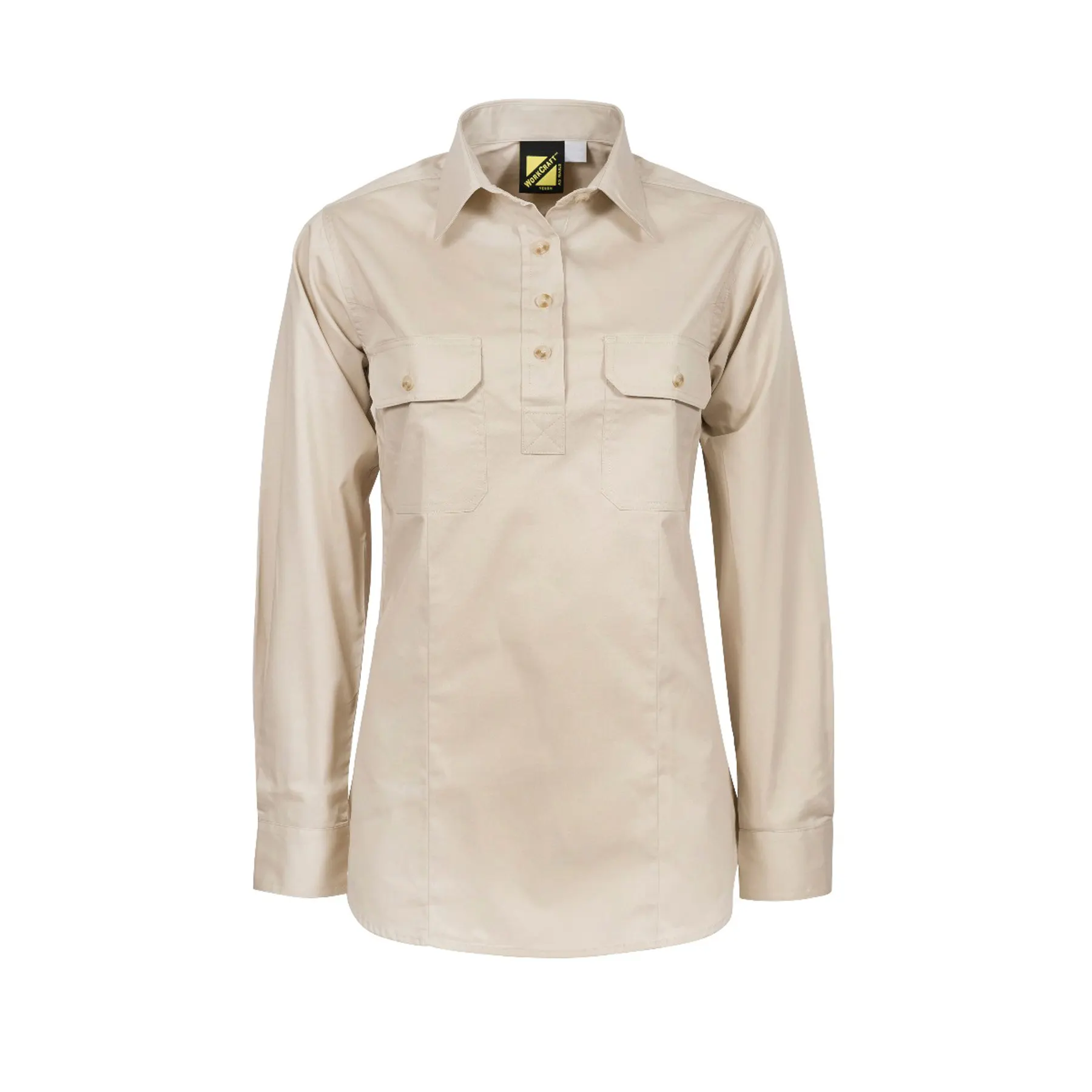 Ladies Lightweight Long Sleeve Closed Front Cotton Drill Shirt Cream Front