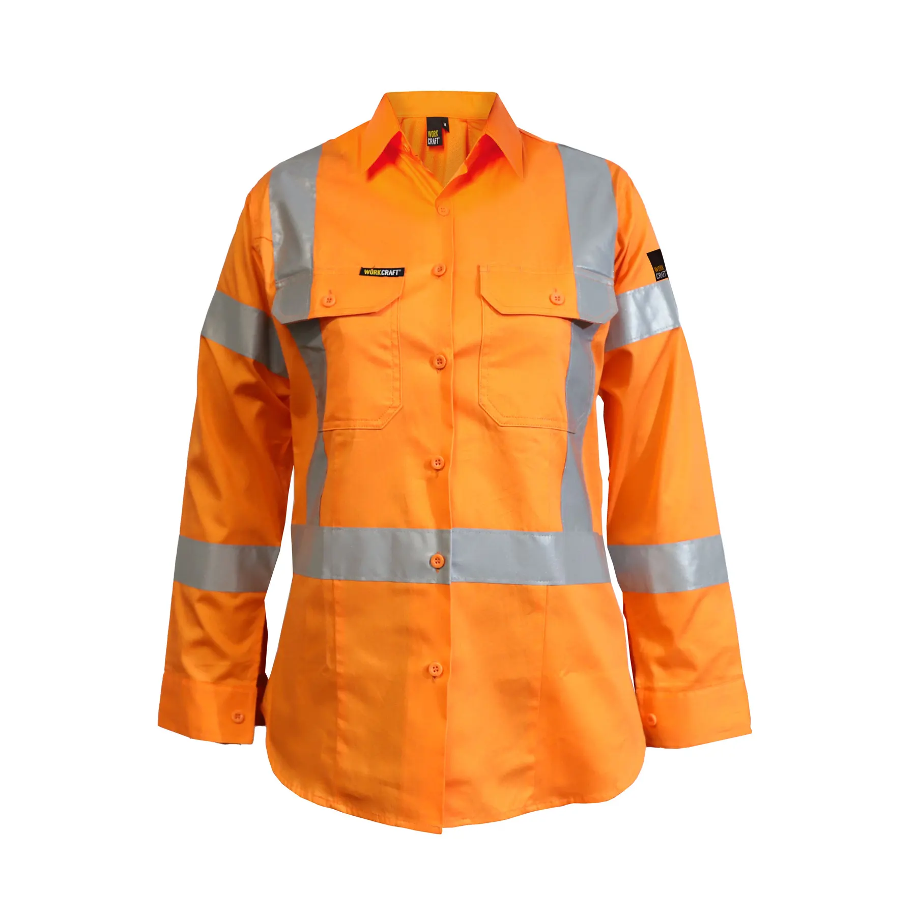 Ladies Lightweight Hi Vis Long SLeeve Vented Reflective Shirt With X Pattern - NSW Rail Compliant Safety Orange Front
