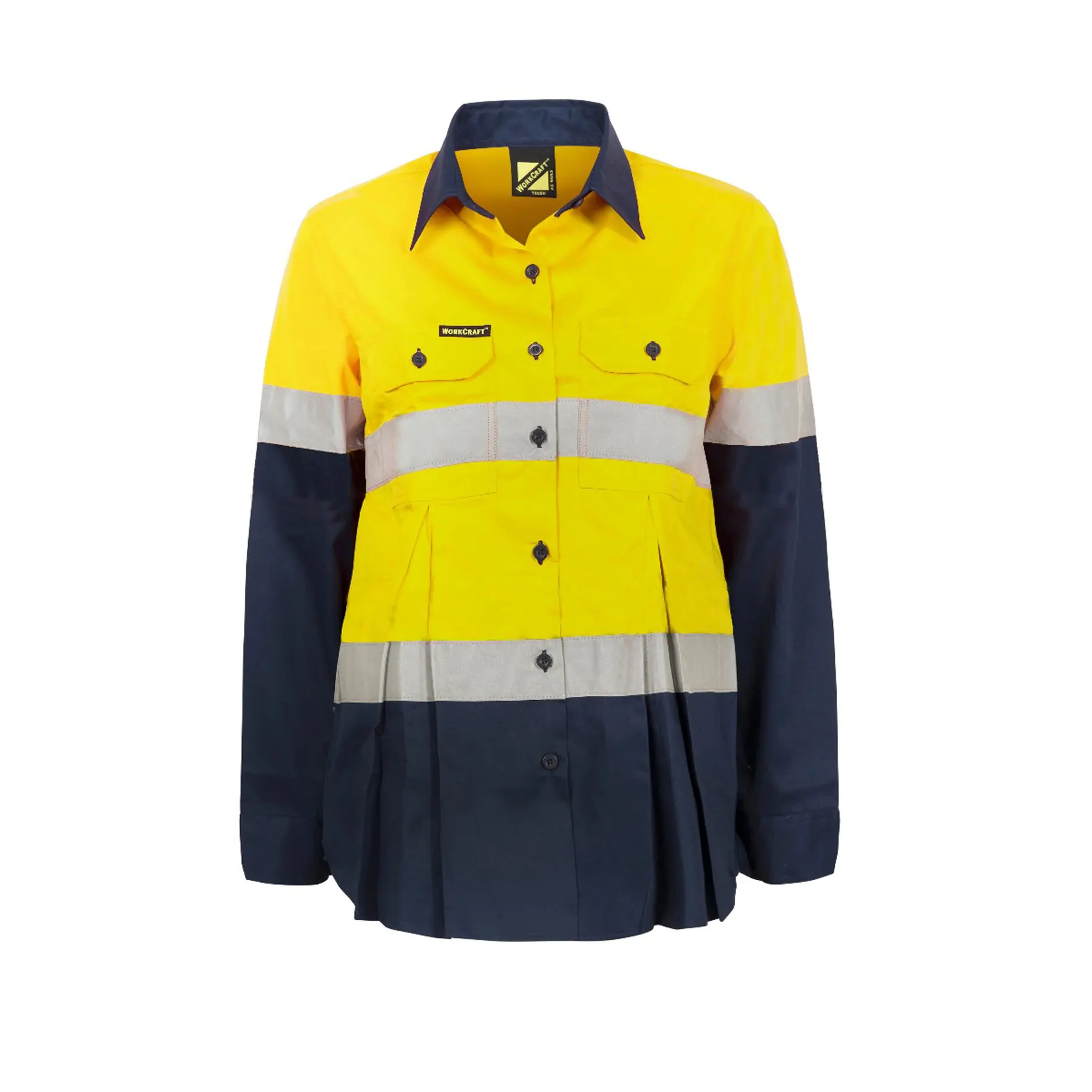 Maternity Lightweight Hi Vis Long Sleeve Vented Reflective Cotton Drill Shirt Navy Yellow Front