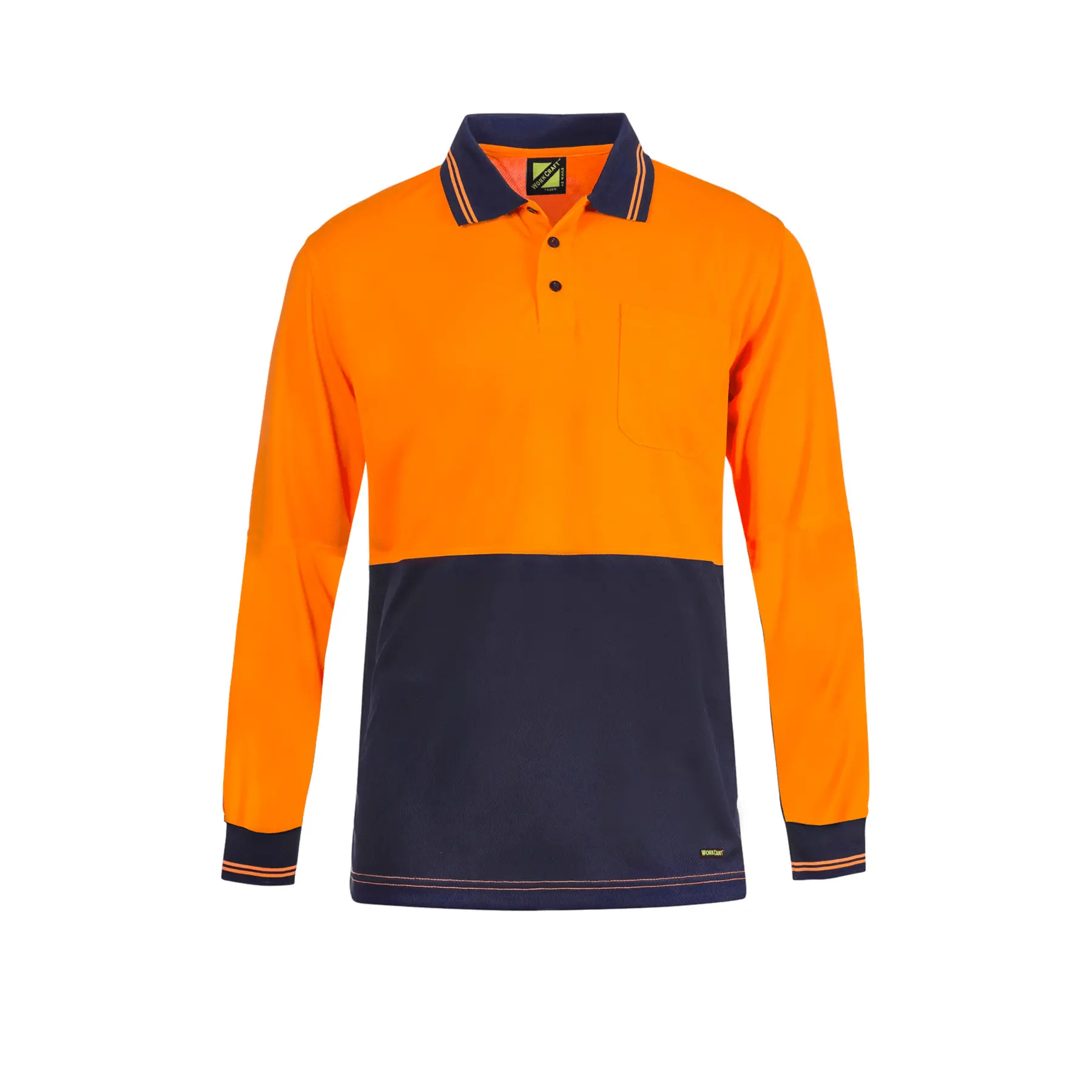 Hi Vis Lightweight Long Sleeve Micromesh Polo With Pocket Navy Orange Front