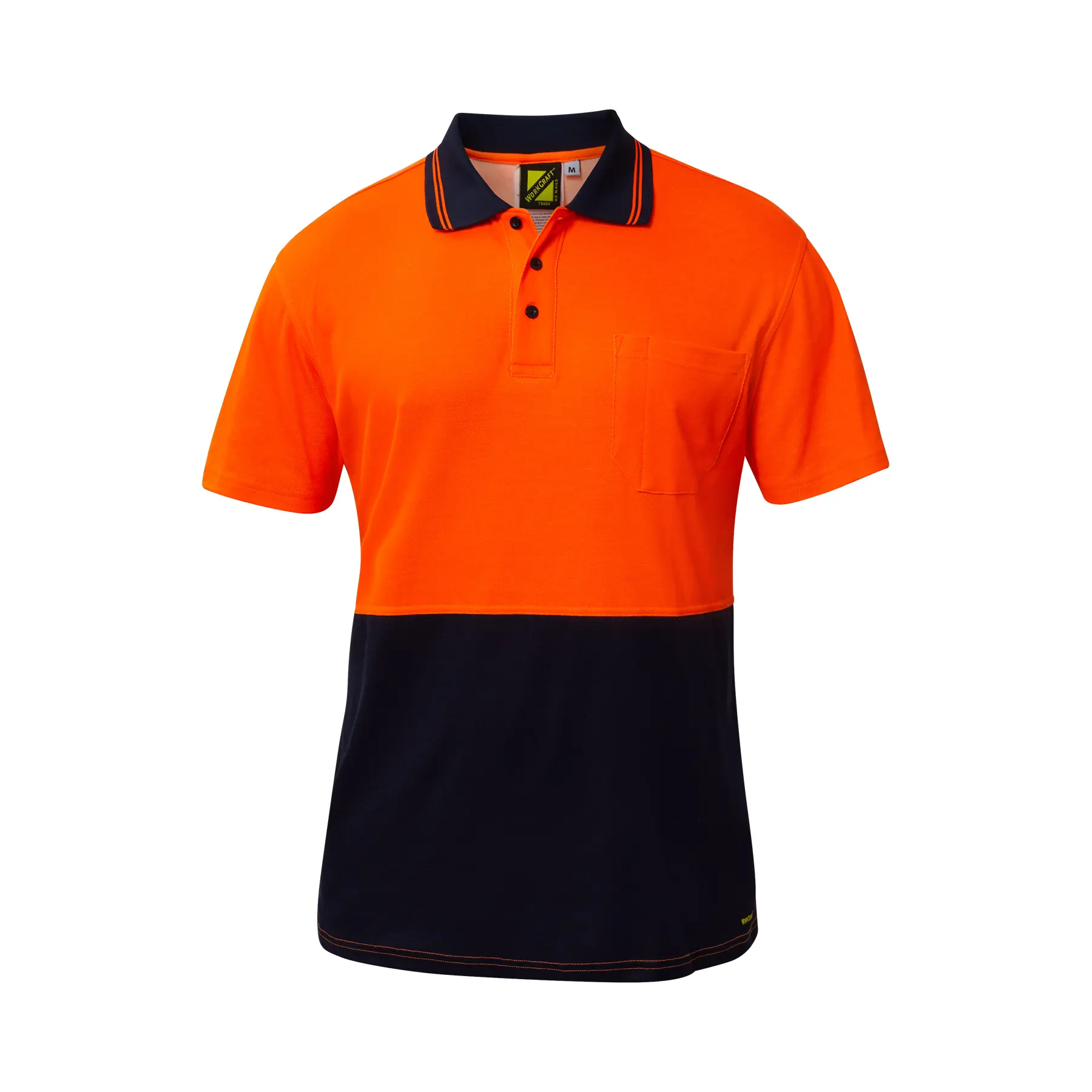 Hi Vis Short Sleeve Cotton Back Polo With Pocket Navy Orange Front